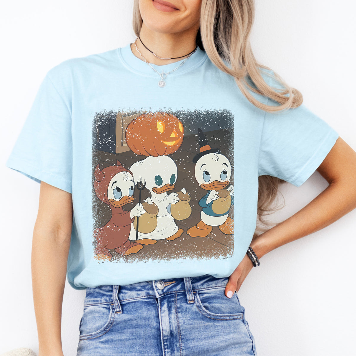Vintage Trick Or Treating Cartoon Ducks nostalgic graphic t-shirt in chambray