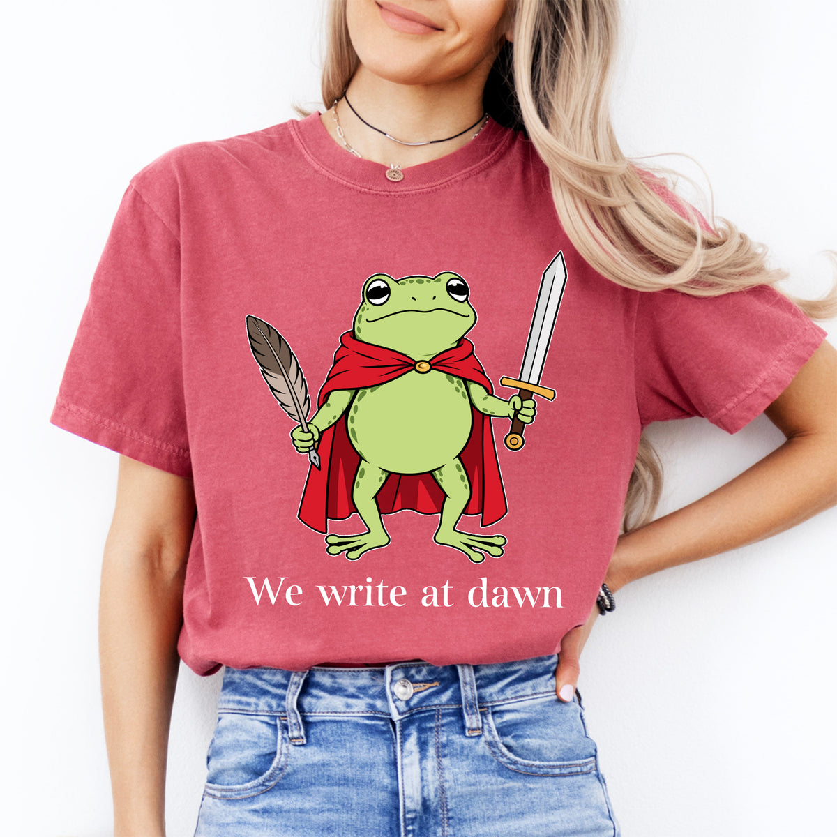 "We Write at Dawn" Author Warrior Frog Writer Graphic Tee