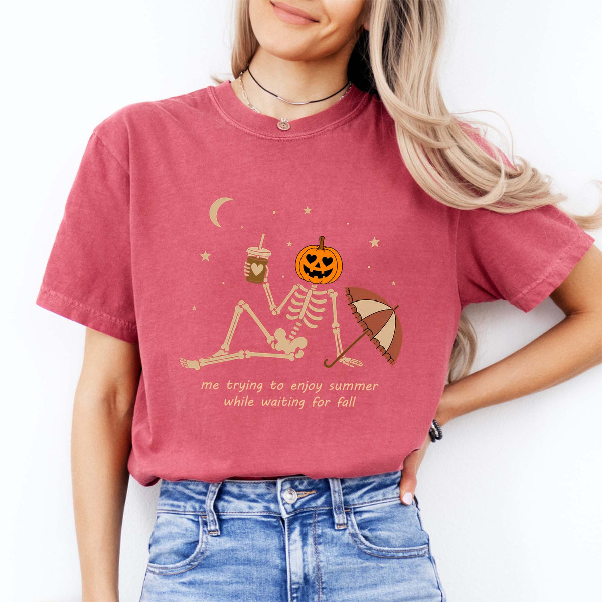 Halloween Humor Relaxed-Fit Shirt – "Waiting For Fall" Skeleton