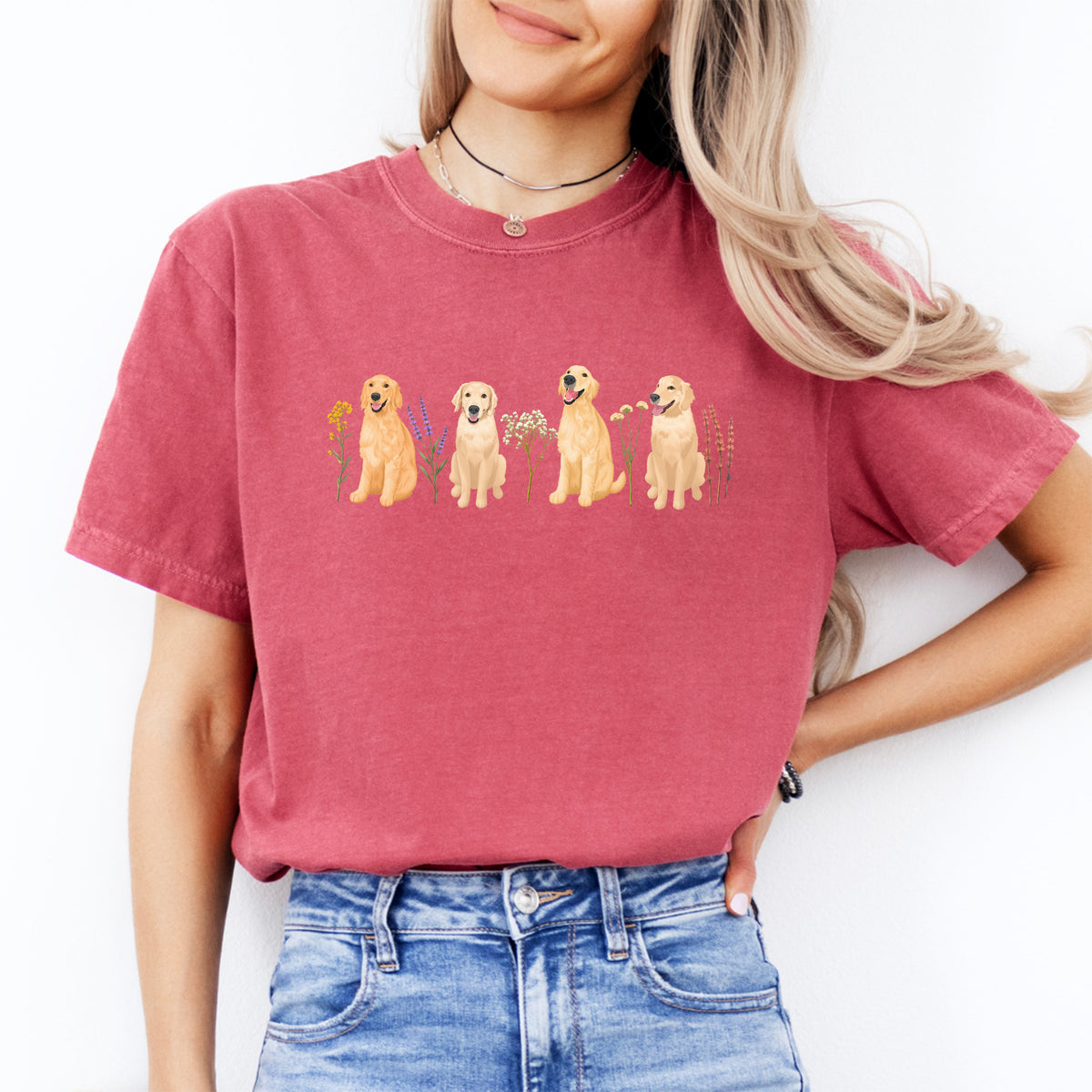 Botanisches Blumen-Golden-Retriever-Grafiktop – Shirt für Hundemamas