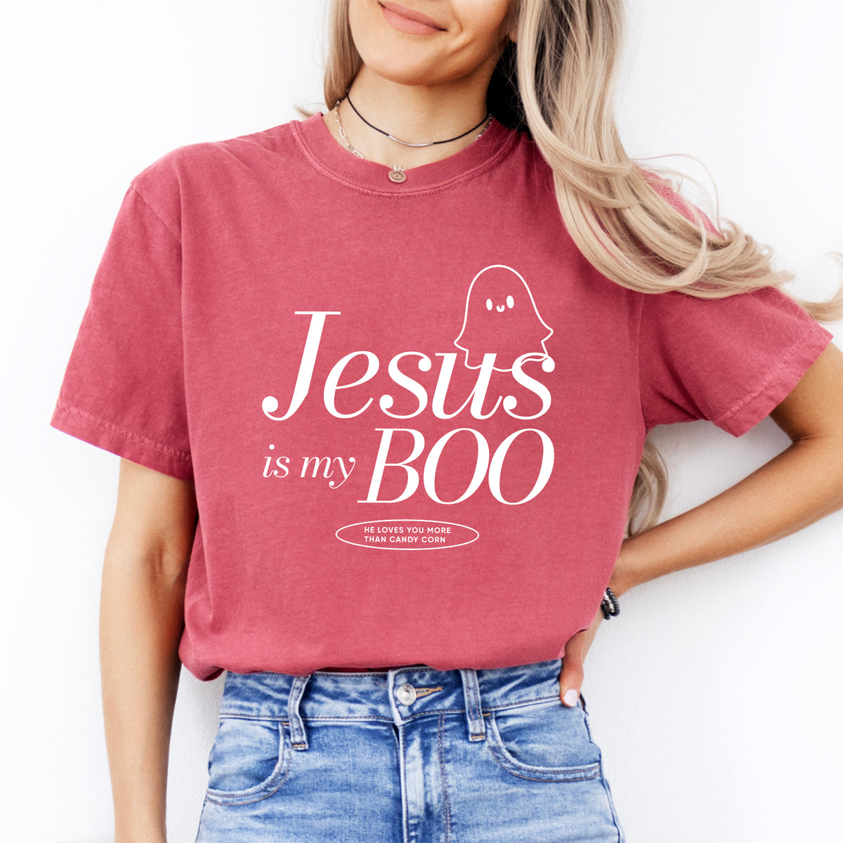 „Jesus Is My BOO“ – Niedliches christliches Oberteil mit Spooky-Season-Motiv