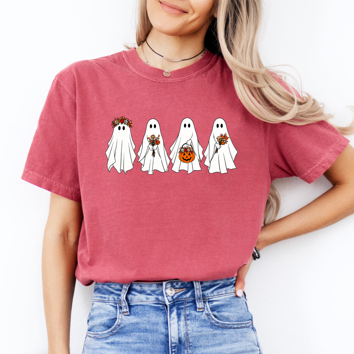 T-shirt graphique avec fantômes floraux et bouquet d’automne - T-shirt décontracté mignon et effrayant pour l’automne