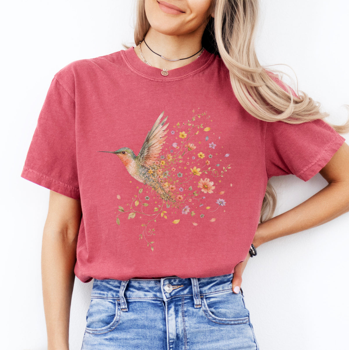 T-Shirt mit Kolibri und Wildblumen