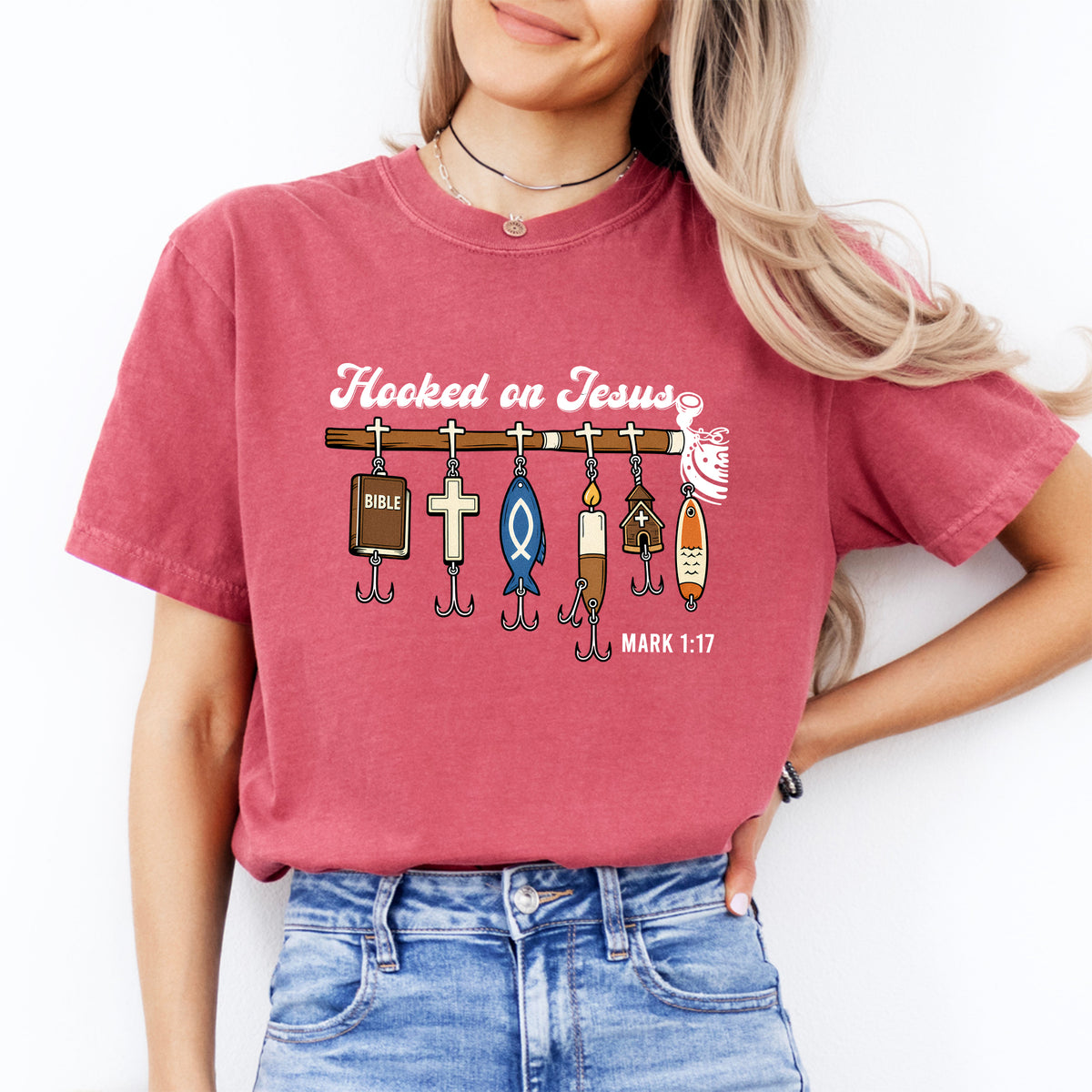 Christliches Angel-Grafikshirt „Hooked on Jesus“, Markus 1:17 – Glaubensshirt für Angler