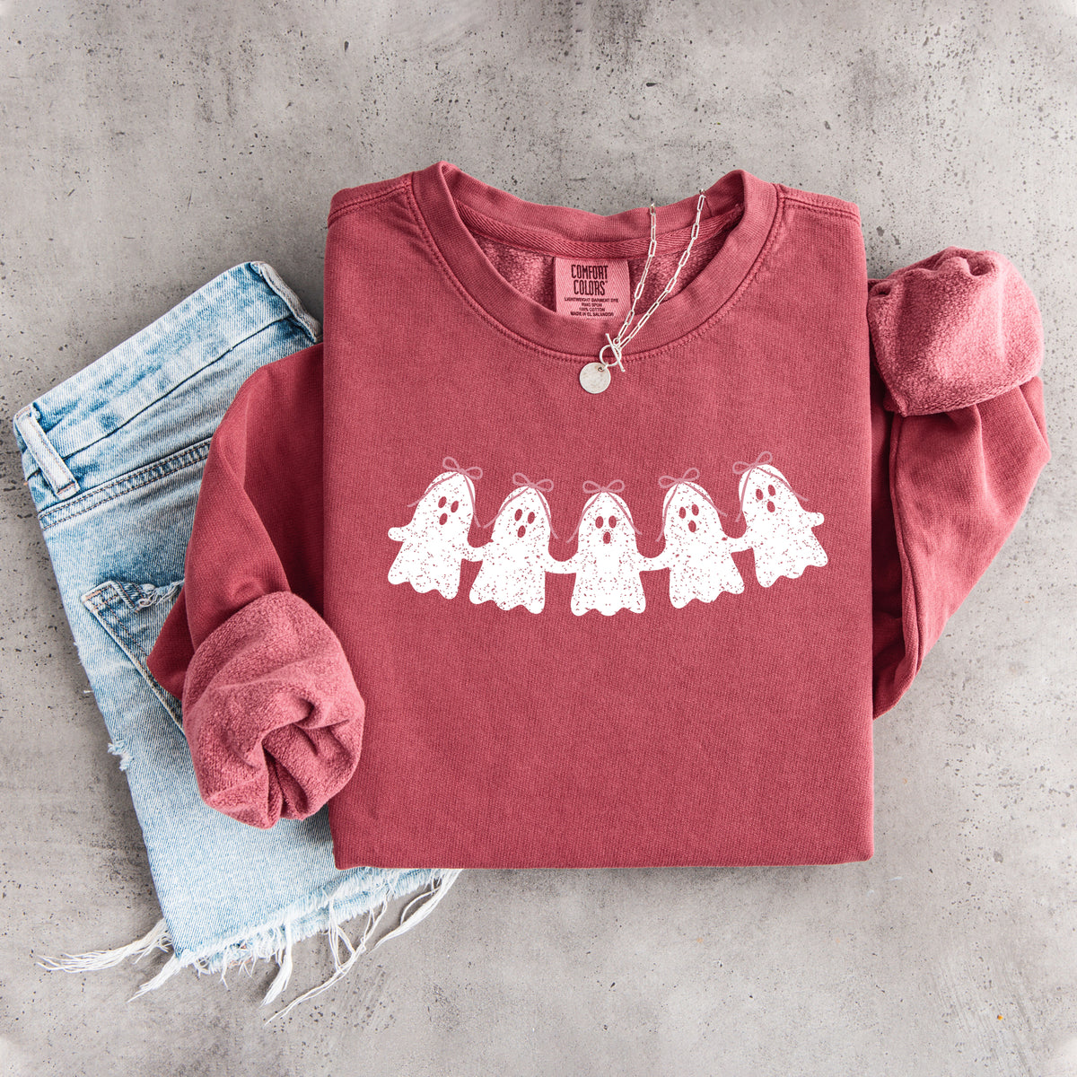 Pink Bow Ghost paper doll crewneck in crimson