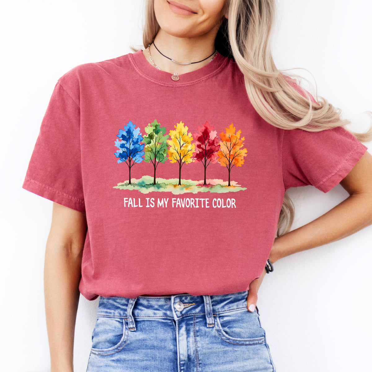 \"Fall Is My Favorite Color\" – T-shirt graphique à l’aquarelle avec arbres d’automne