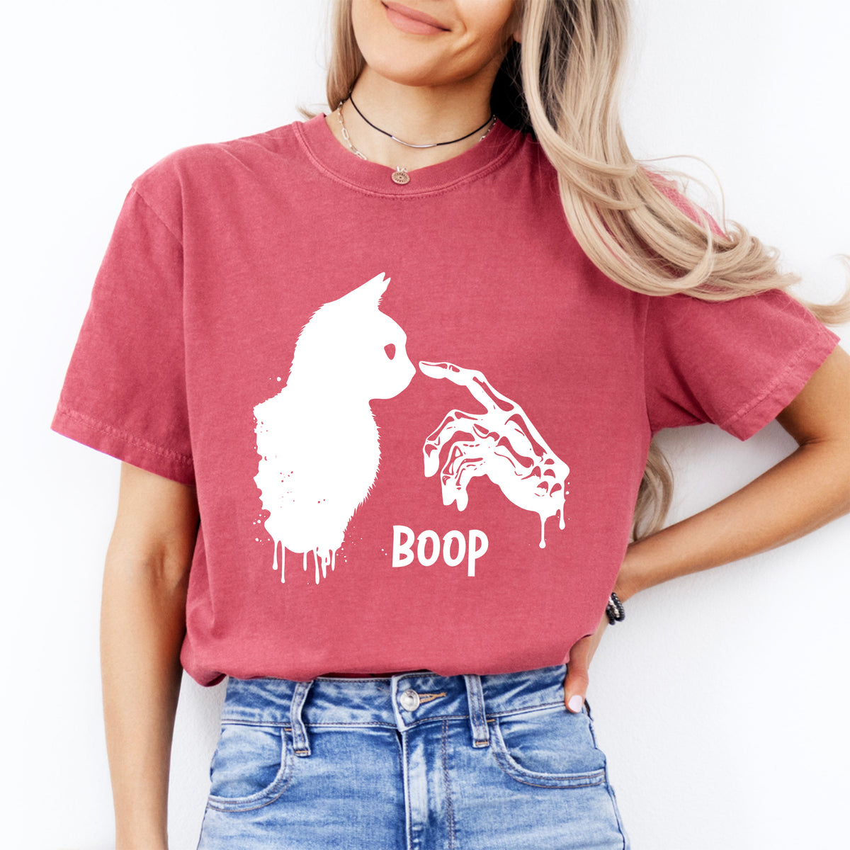 Skeleton Hand Cat Boop Halloween kitten tee in crimson