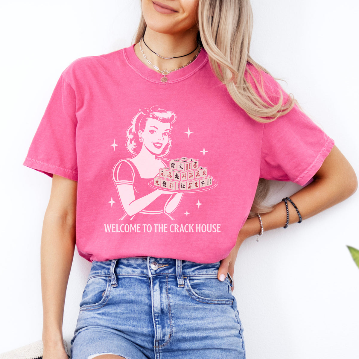 Vintage 1950s Mahjong Hostess Graphic Casual Shirt – "Welcome To The Crack House"