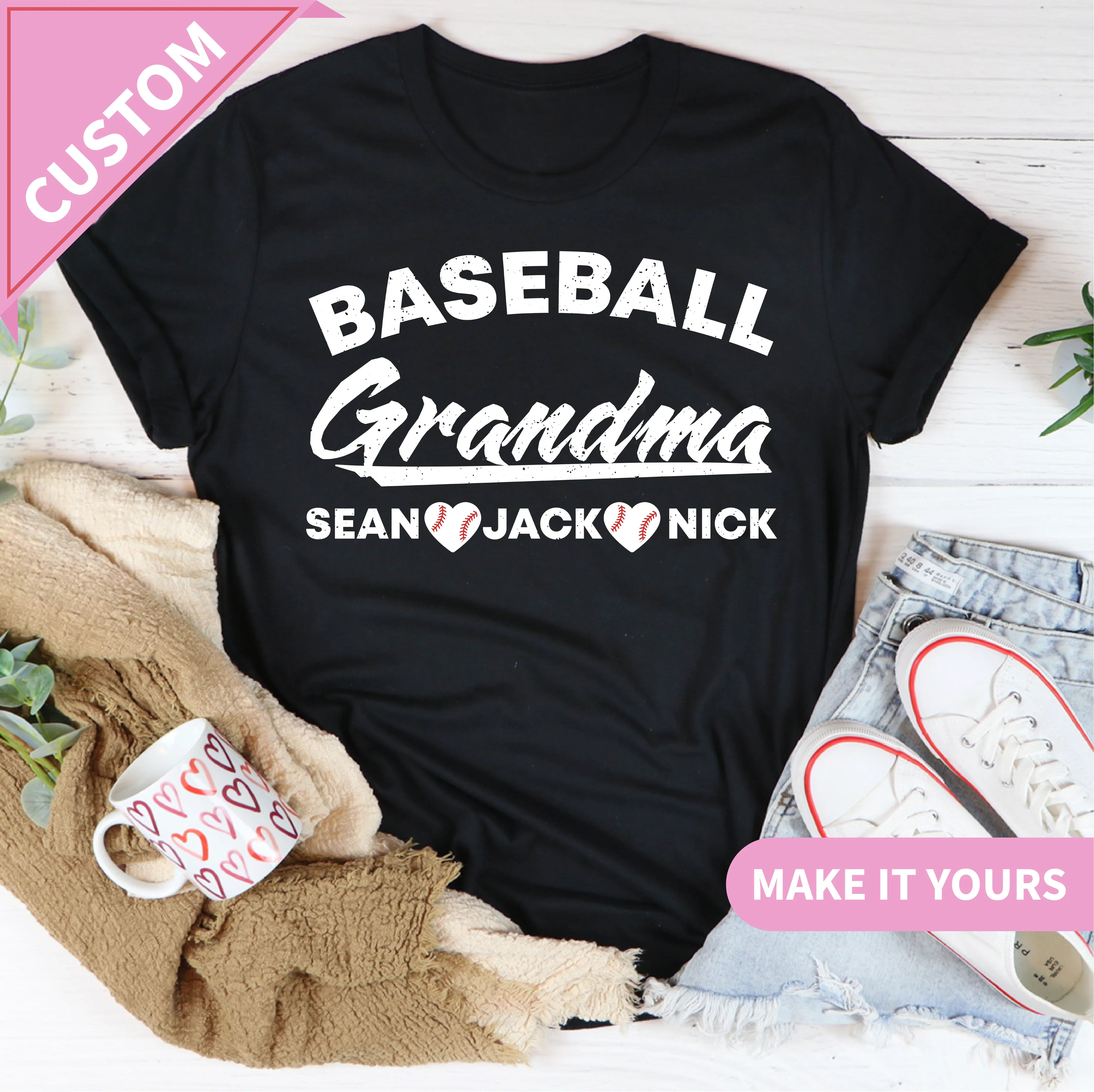 Custom Baseball Grandma Heart Stitch | Cute Game Day Gift For Sports Nana Tee Black / S Printify T-Shirt T-Shirt