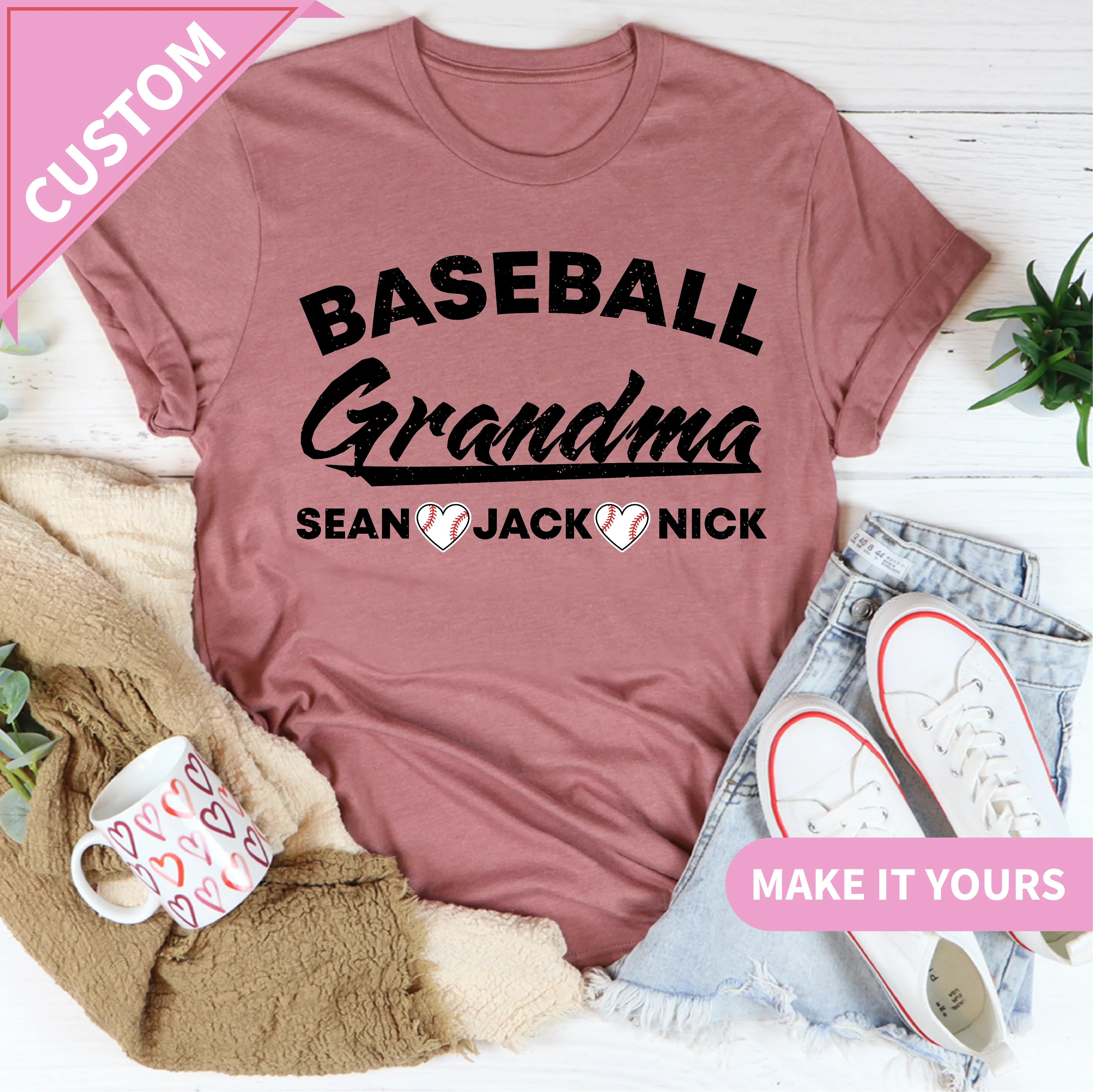 Custom Baseball Grandma Heart Stitch | Cute Game Day Gift For Sports Nana Tee Mauve / S Printify T-Shirt T-Shirt