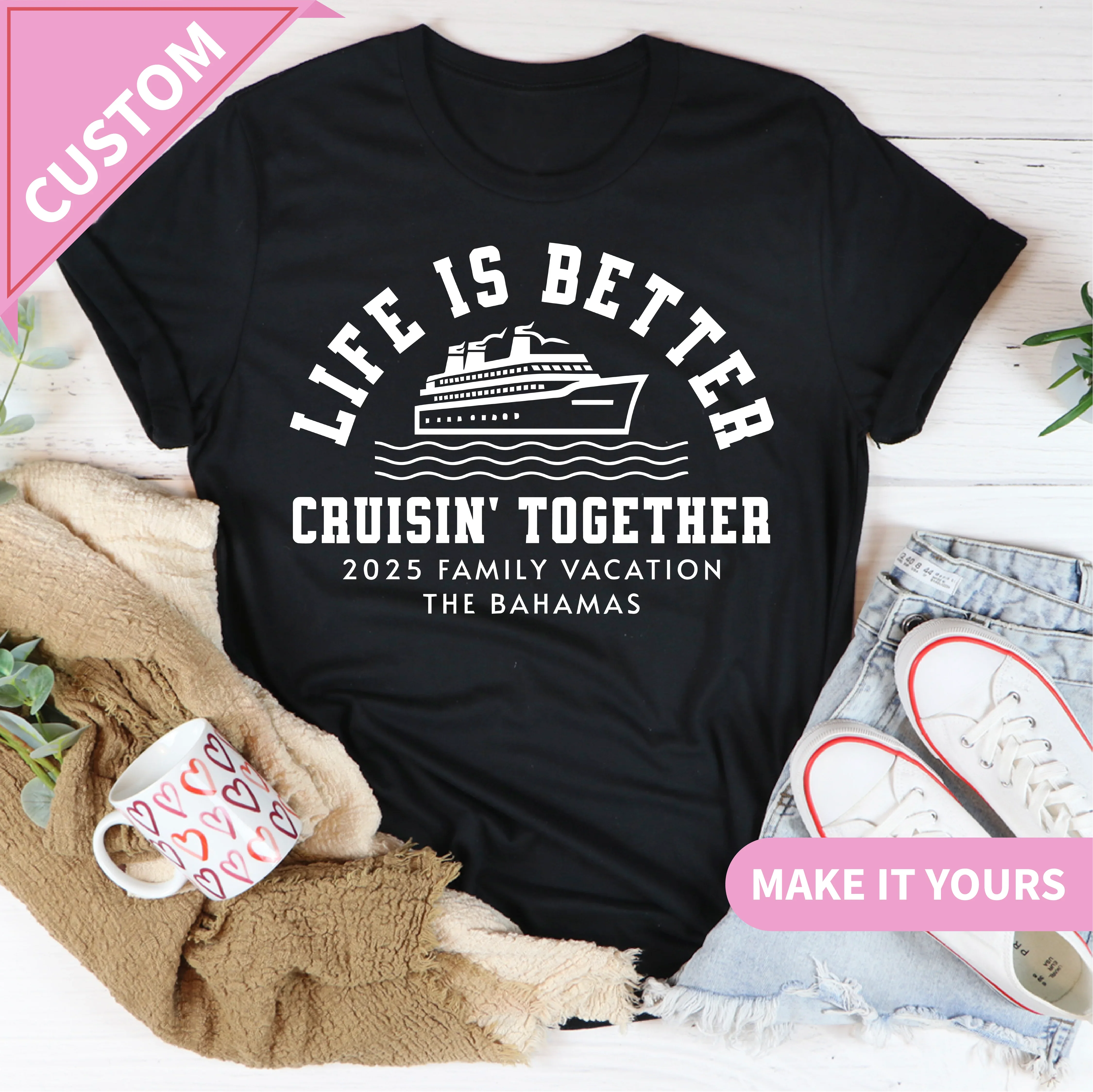 Custom Cruise Family Vacation With Ship Wheel & Anchor | Matching Group Trip Shirts 2025 Tee Black / S Printify T-Shirt T-Shirt