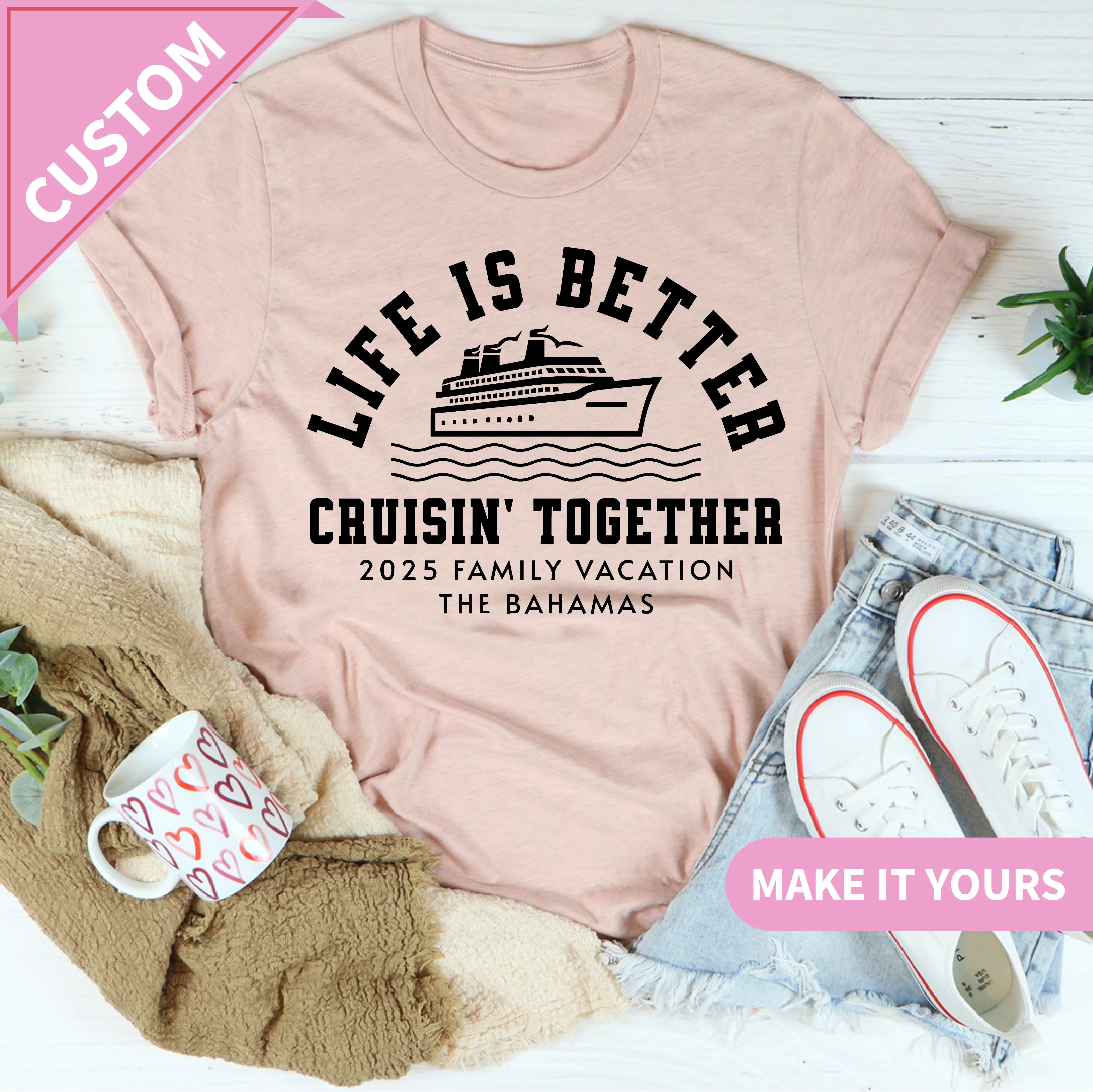 Custom Cruise Family Vacation With Ship Wheel & Anchor | Matching Group Trip Shirts 2025 Tee Peach / S Printify T-Shirt T-Shirt