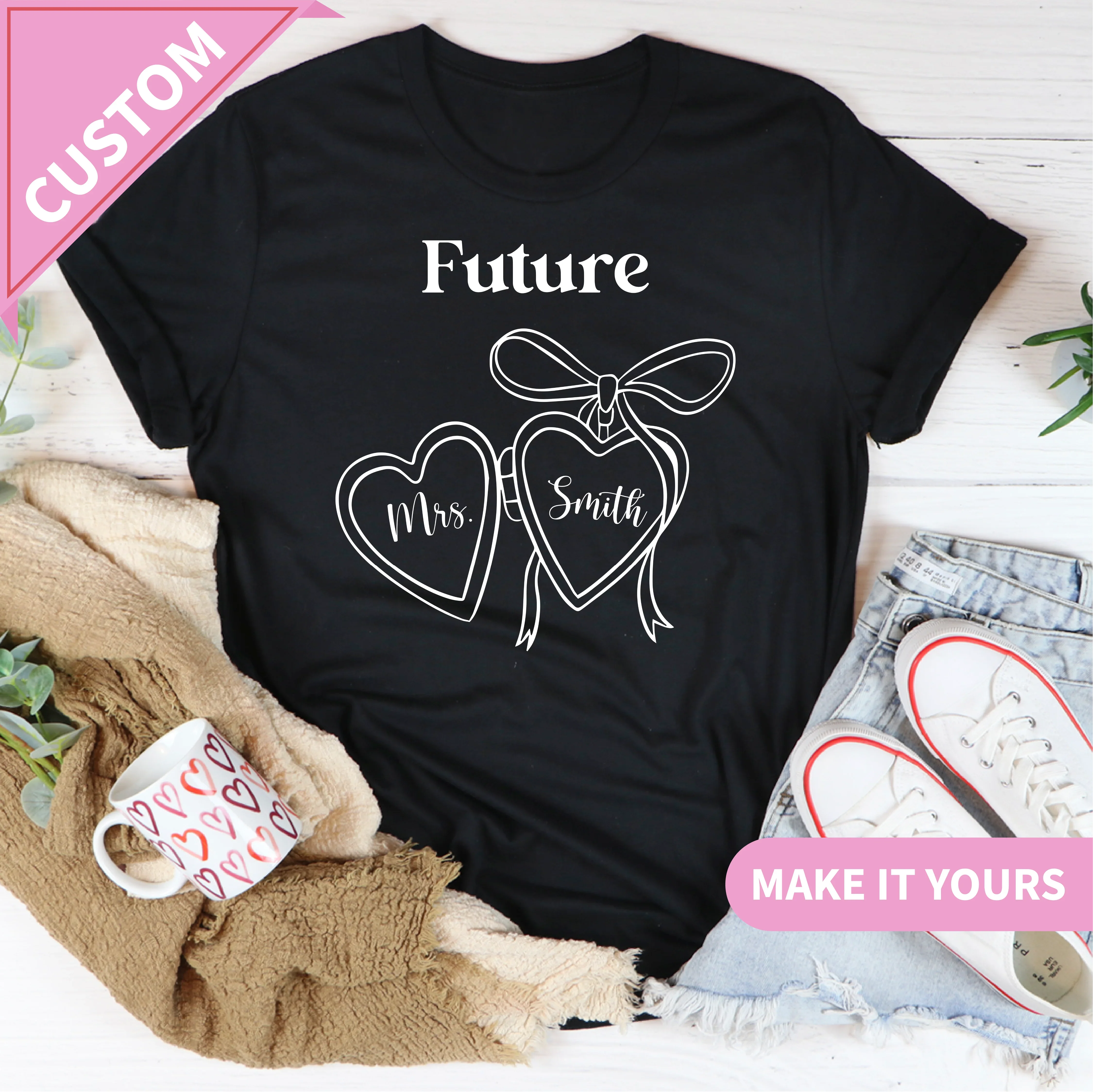 Custom  Future Mrs Heart Locket Engagement for Bride To Be Bridal Shower Or Bachelorette Gift Tee Black / S Printify T-Shirt T-Shirt