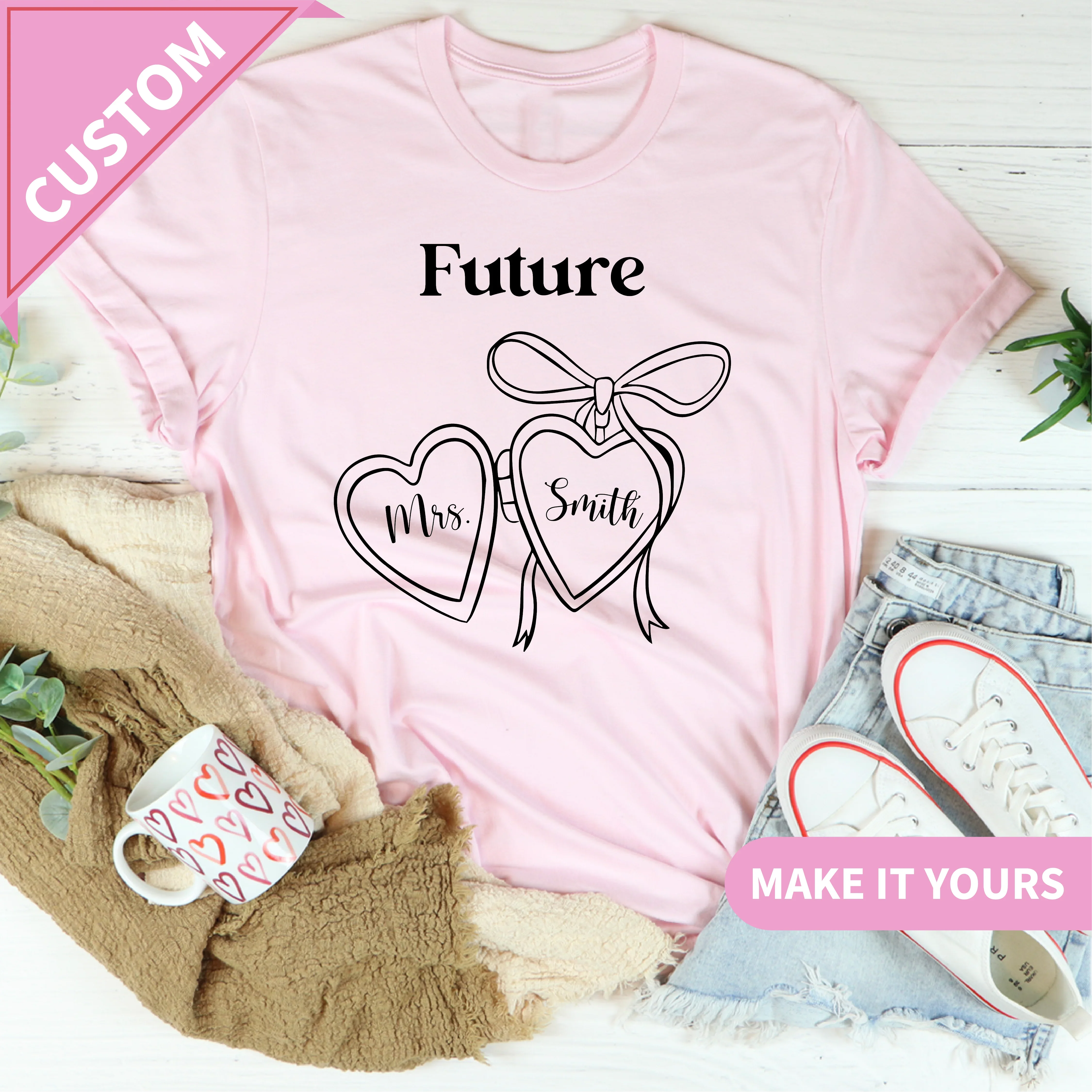Custom  Future Mrs Heart Locket Engagement for Bride To Be Bridal Shower Or Bachelorette Gift Tee Pink / S Printify T-Shirt T-Shirt