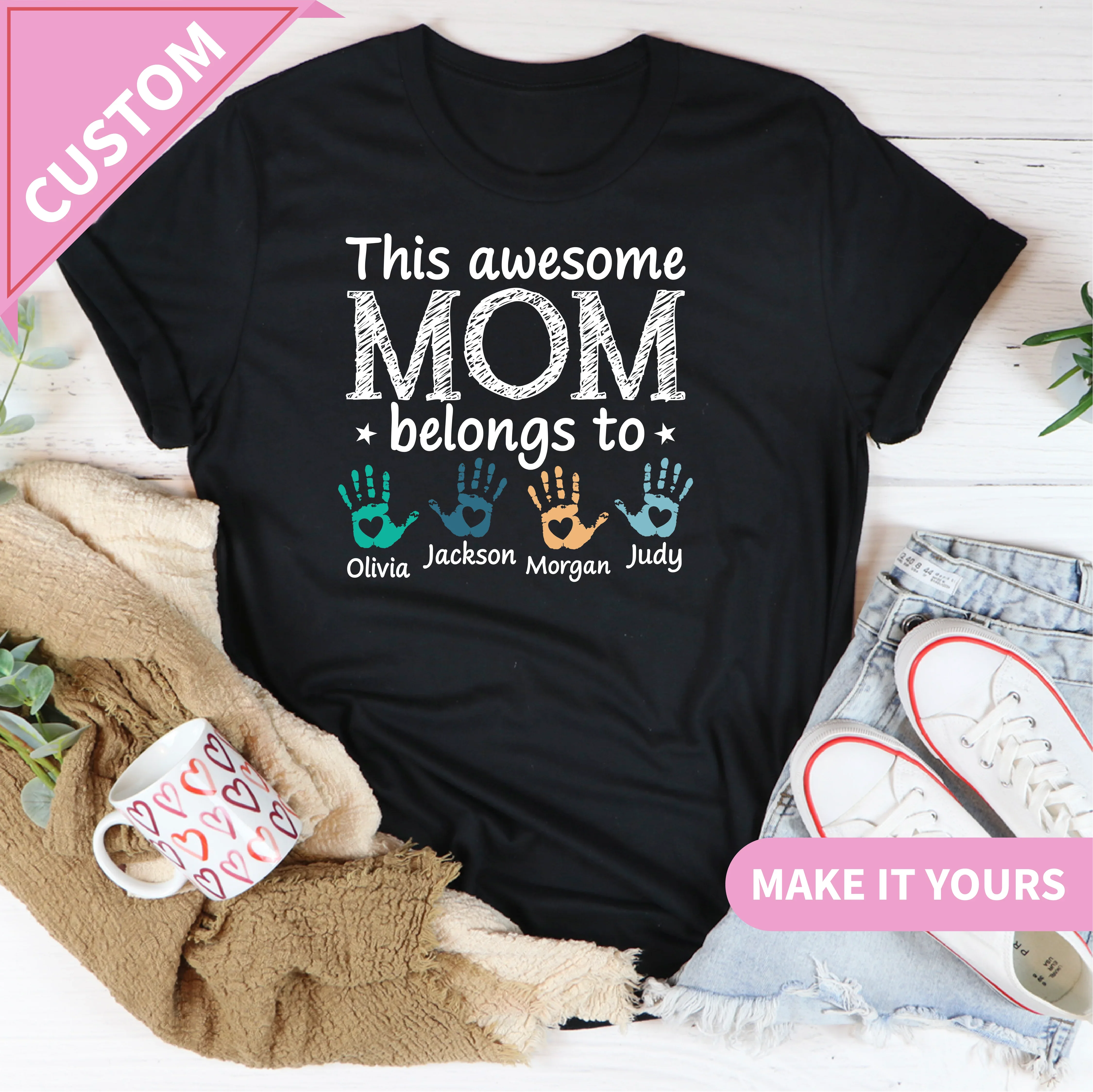Custom Mom This Awesome Mama Belongs To With Kids Names Tee Black / S Printify T-Shirt T-Shirt