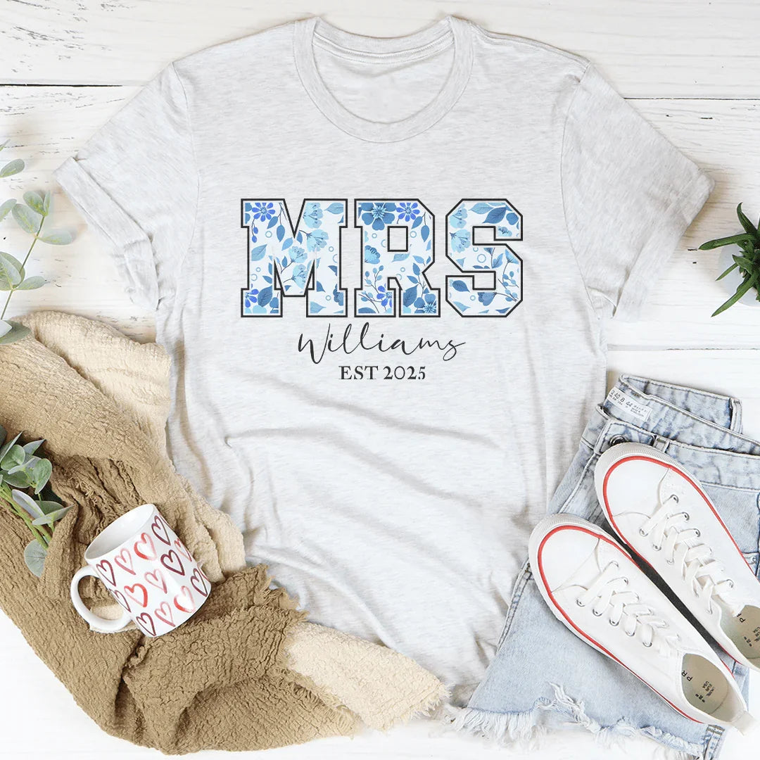 Custom MRS’ Floral Name For Wife Bridal Gift Or Honeymoon Look Tee Ash / S Printify T-Shirt T-Shirt