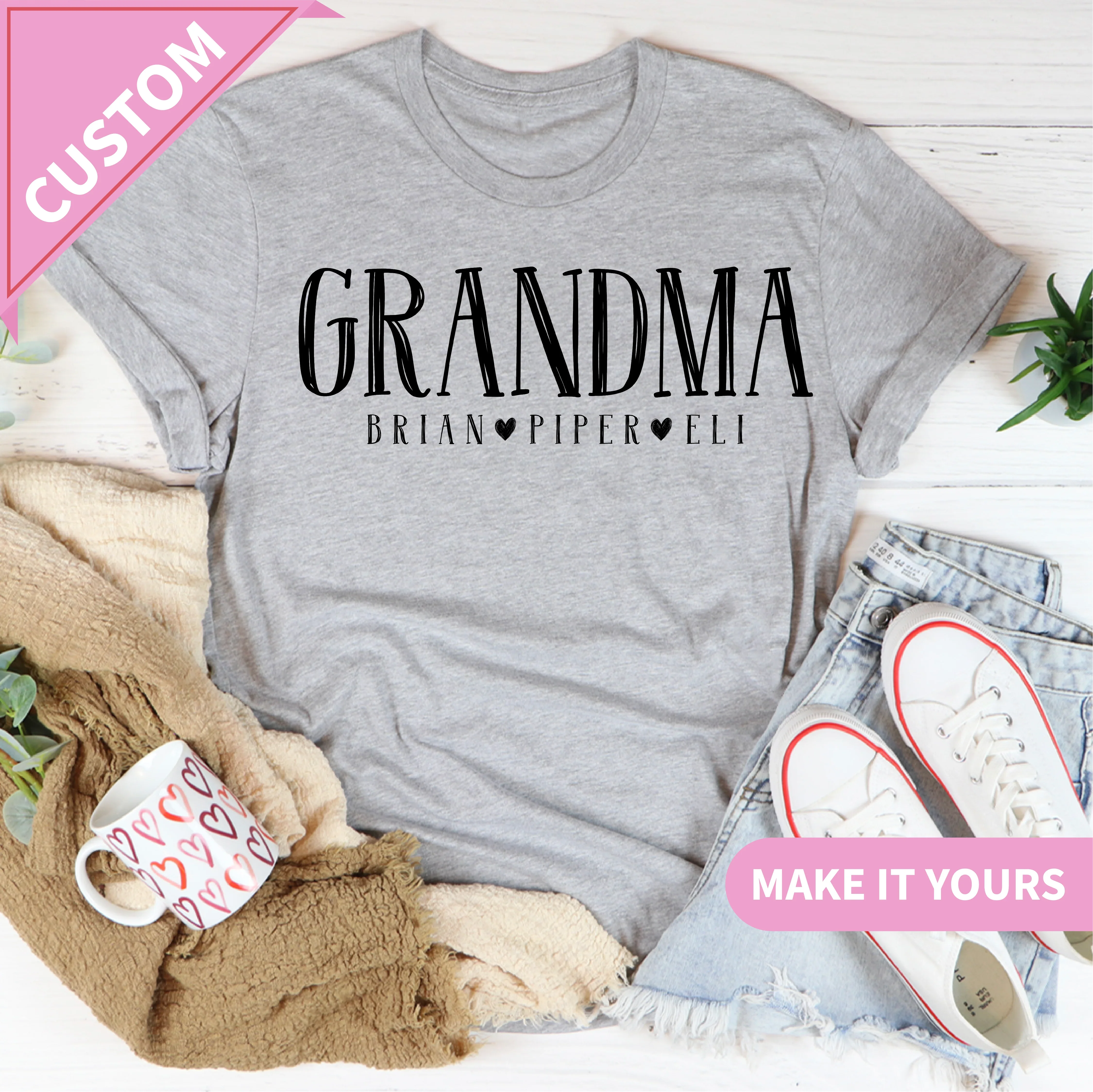 Custom Nana Or Grandma With Grandkids Names Gift Tee Athletic Heather / S Printify T-Shirt T-Shirt