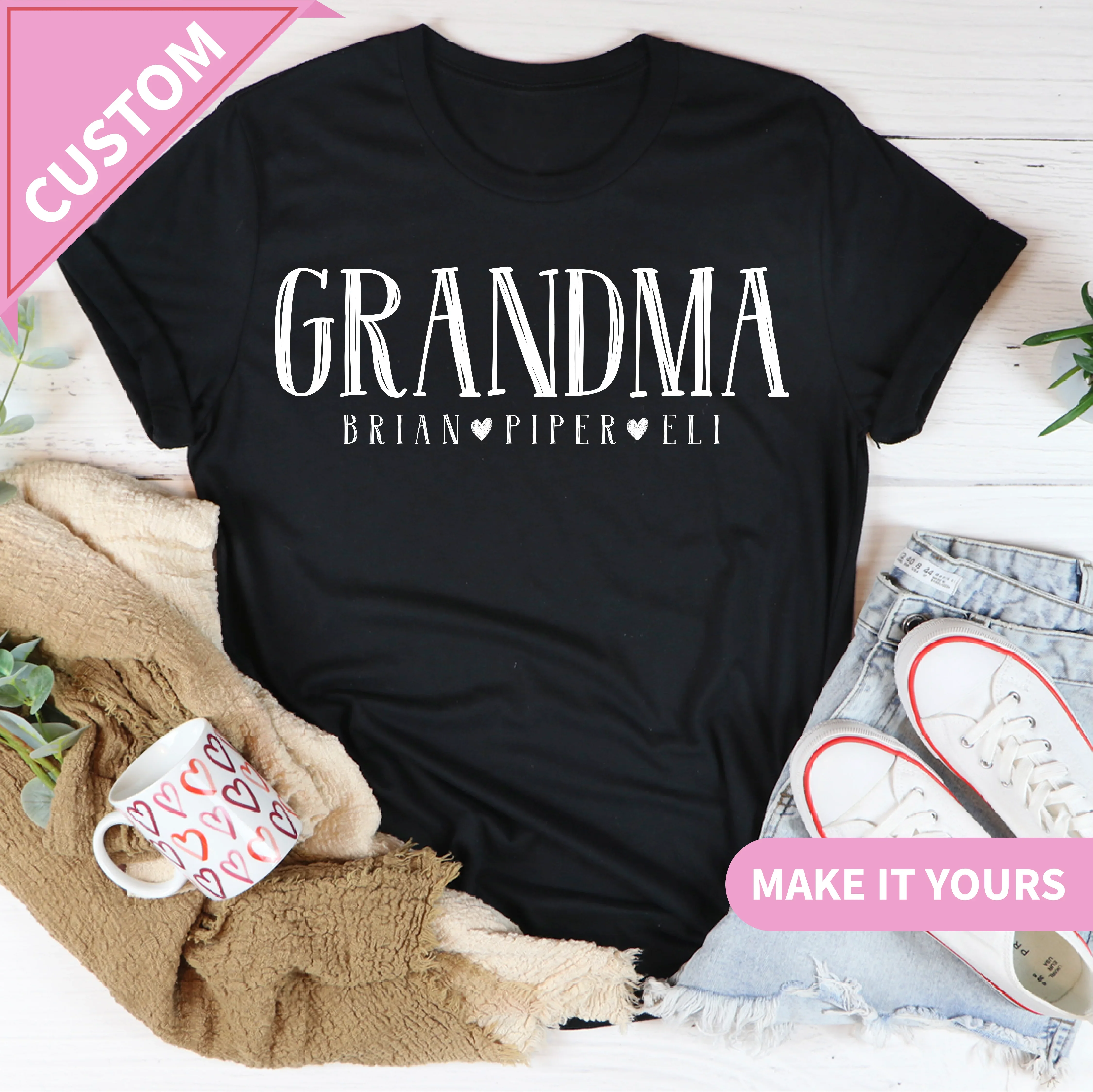 Custom Nana Or Grandma With Grandkids Names Gift Tee Black / S Printify T-Shirt T-Shirt