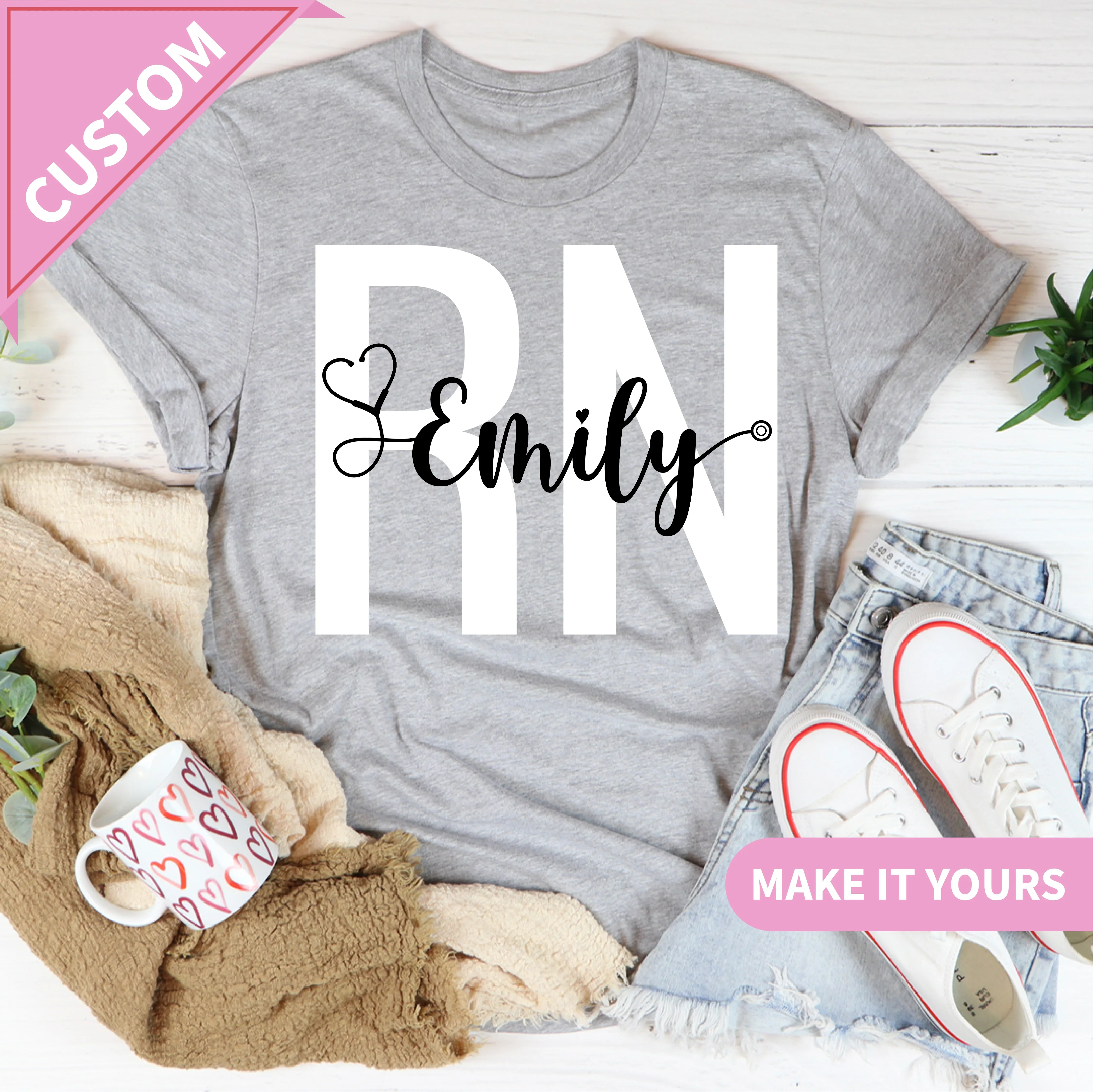 Custom RN Name Shirt Nursing Gift T-Shirt for Her Tee Printify T-Shirt T-Shirt