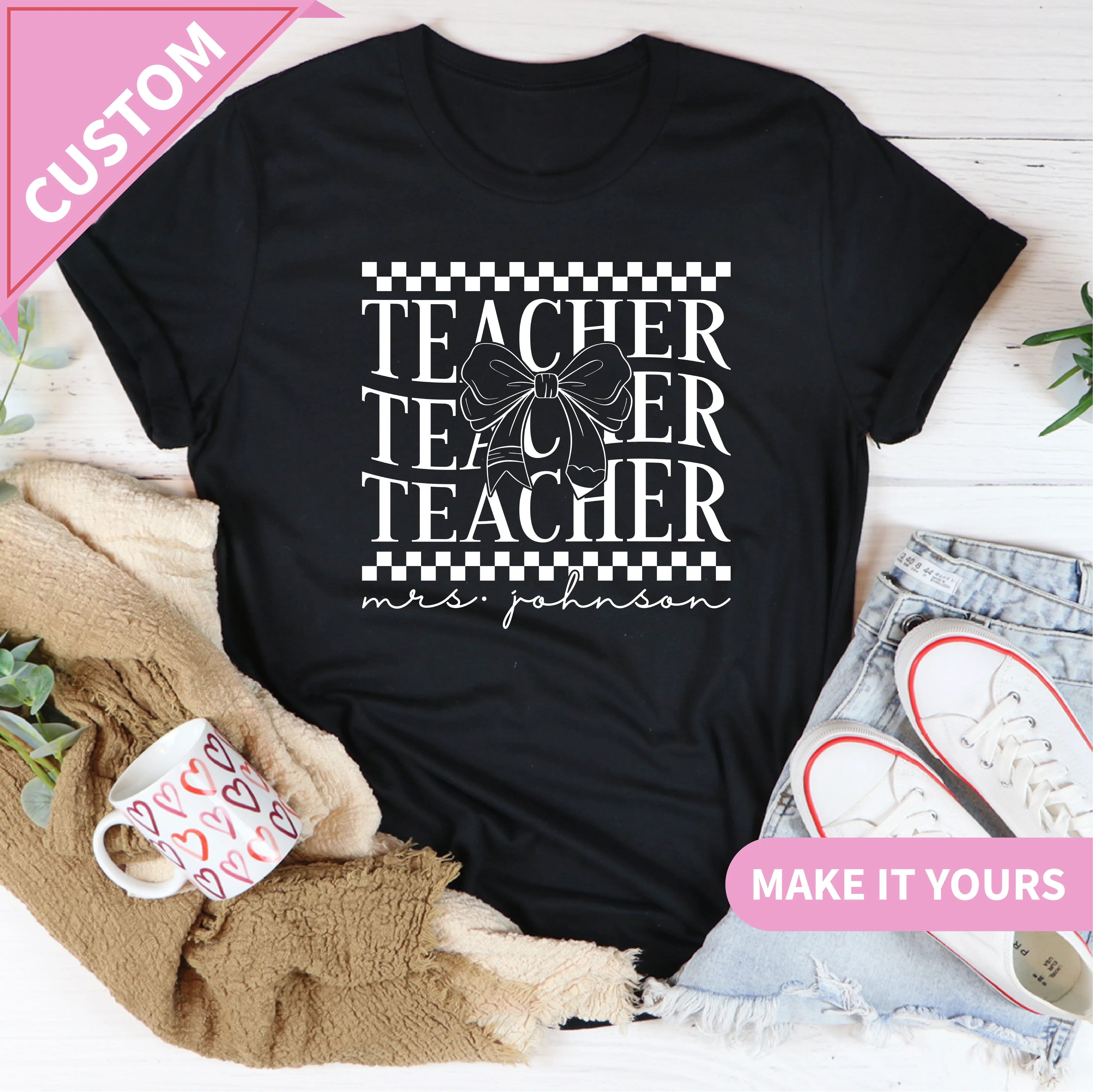 Custom Teacher Name With Pencil Bow Tee Printify T-Shirt T-Shirt