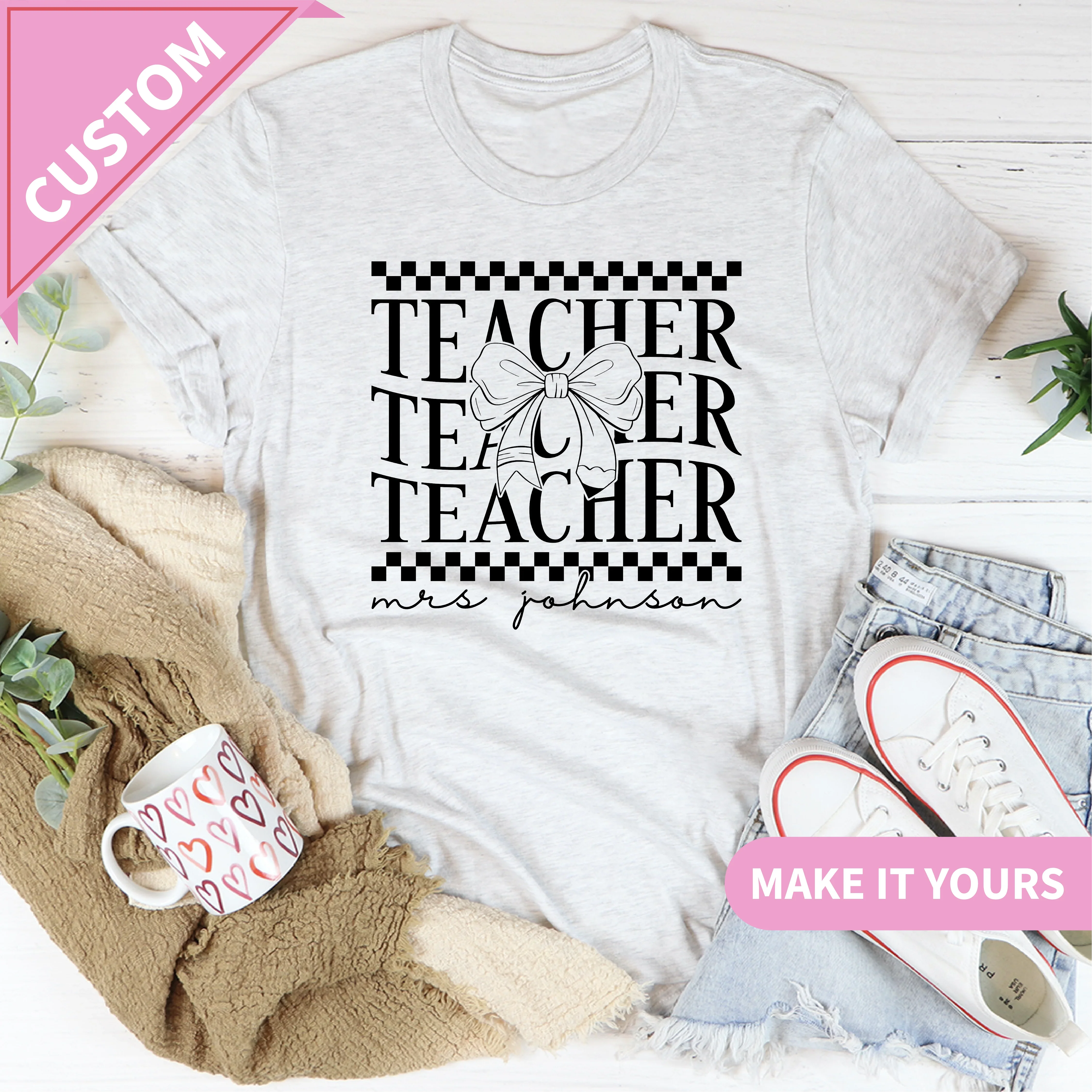 Custom Teacher Name With Pencil Bow Tee Printify T-Shirt T-Shirt