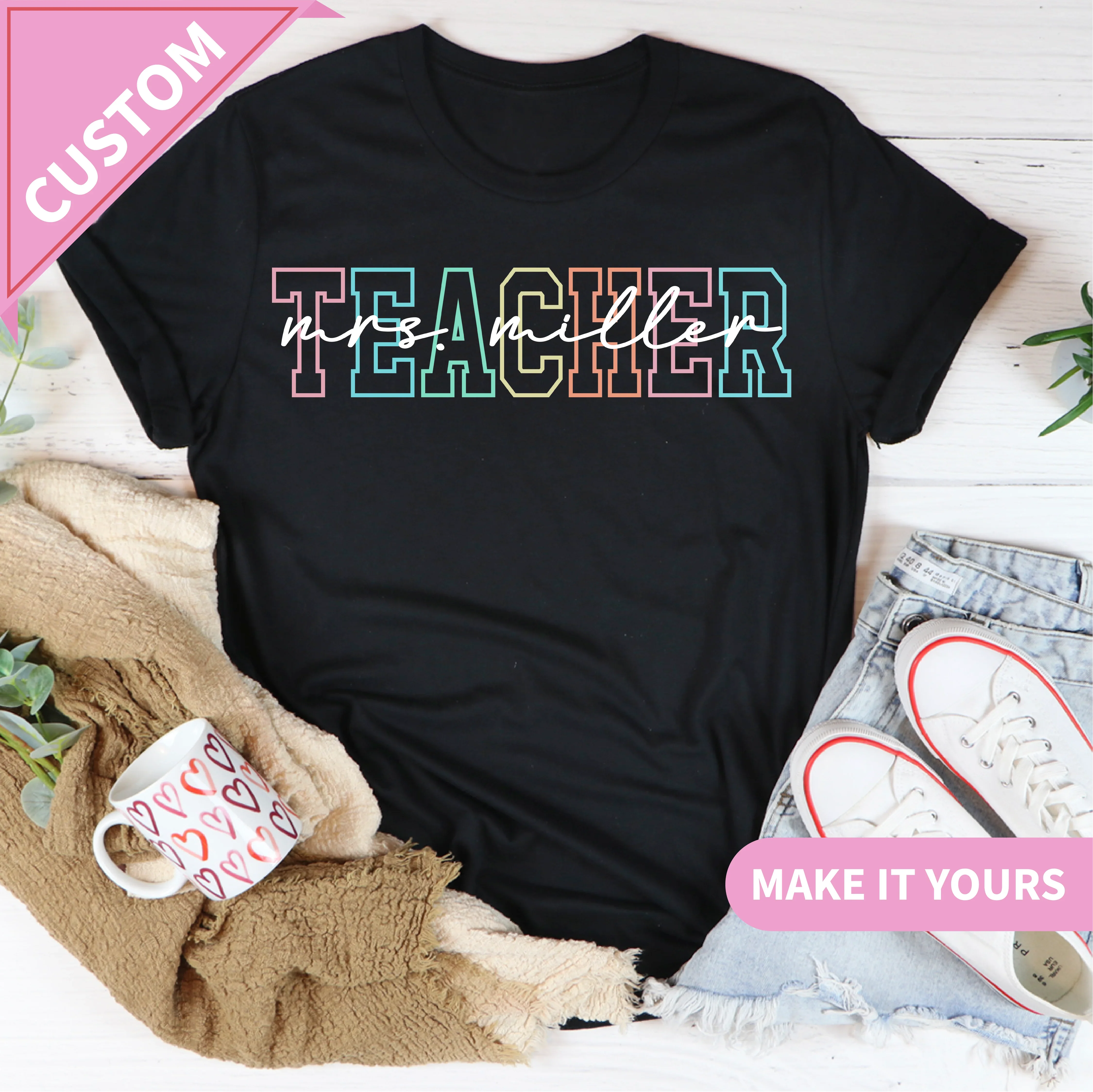 Custom Teacher Rainbow Varsity Name Educators Tee Printify T-Shirt T-Shirt