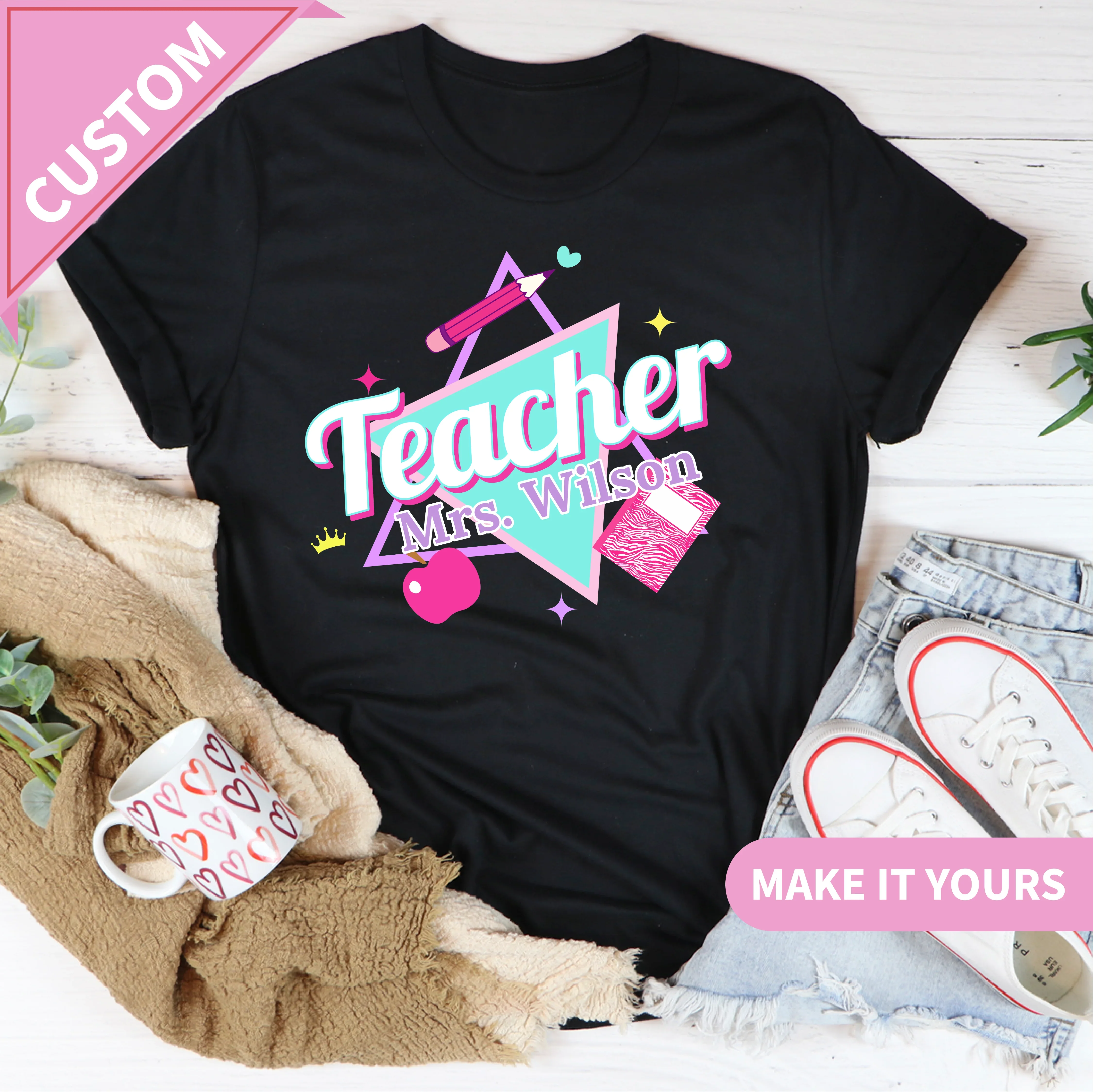 Custom Teacher Retro Pink For Back To School Teacher Gifts & Classroom Style Tee Printify T-Shirt T-Shirt