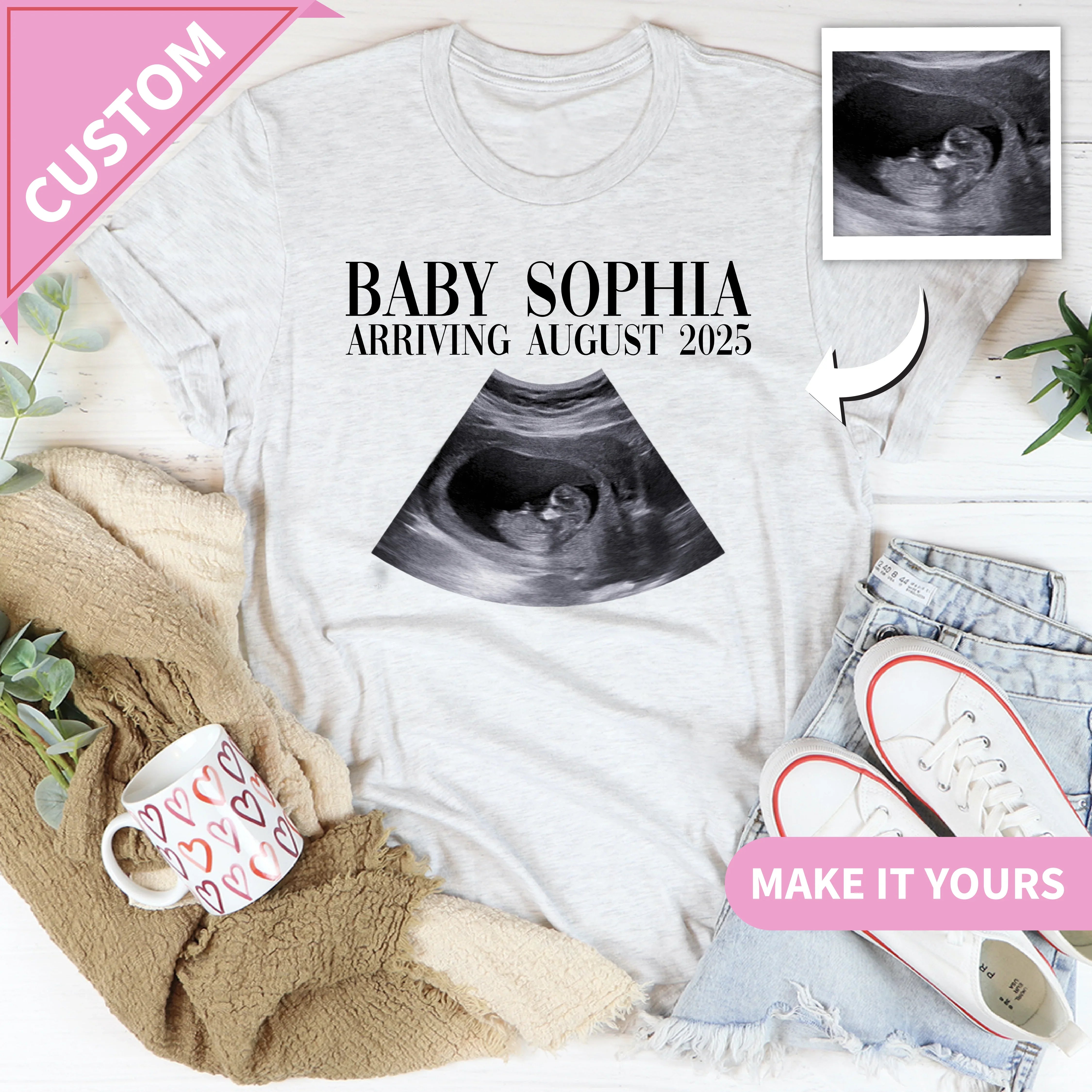 Custom Ultrasound Baby Announcement Sonogram Photo With Due Date Tee Ash / S Printify T-Shirt T-Shirt