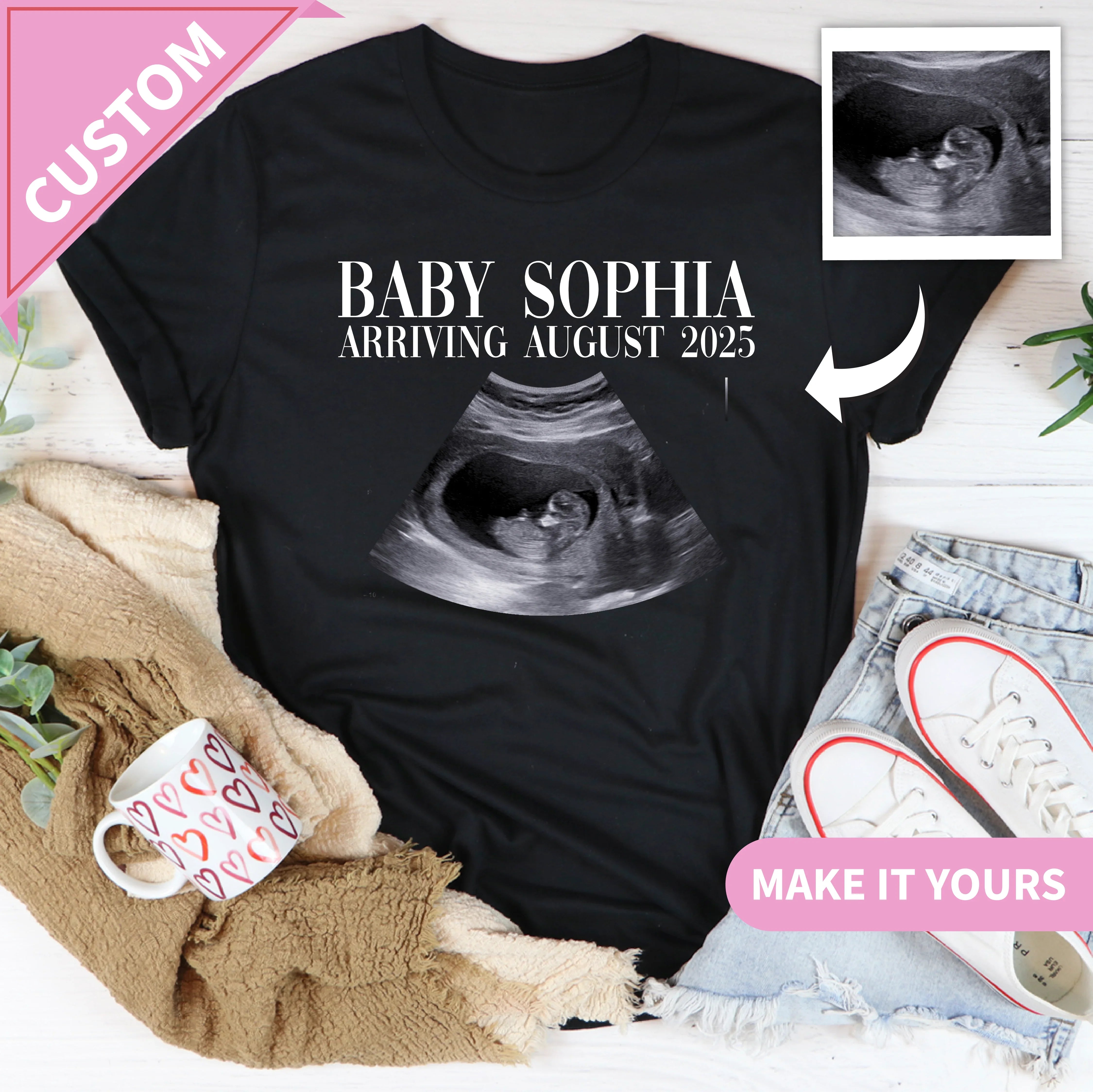 Custom Ultrasound Baby Announcement Sonogram Photo With Due Date Tee Black / S Printify T-Shirt T-Shirt