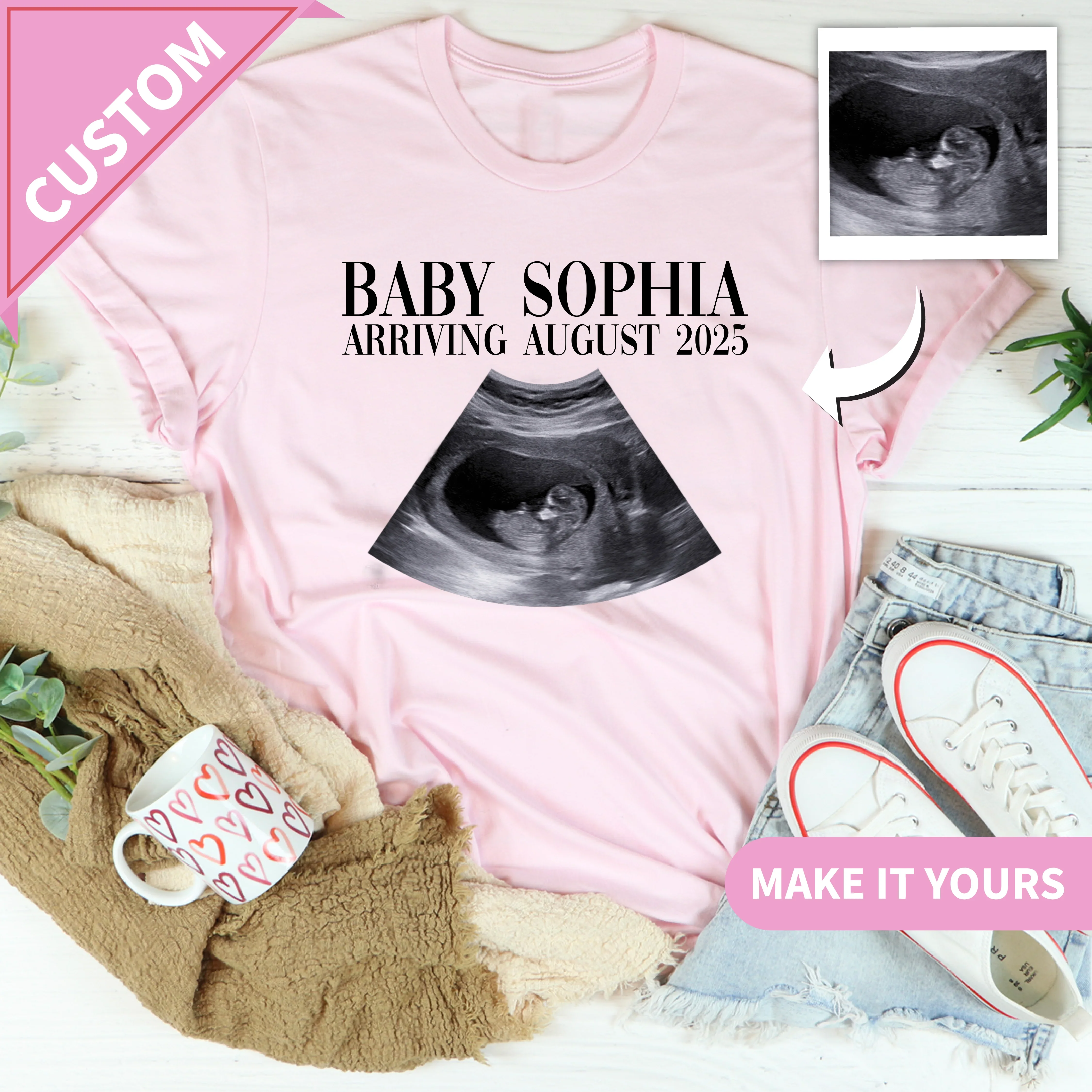 Custom Ultrasound Baby Announcement Sonogram Photo With Due Date Tee Printify T-Shirt T-Shirt