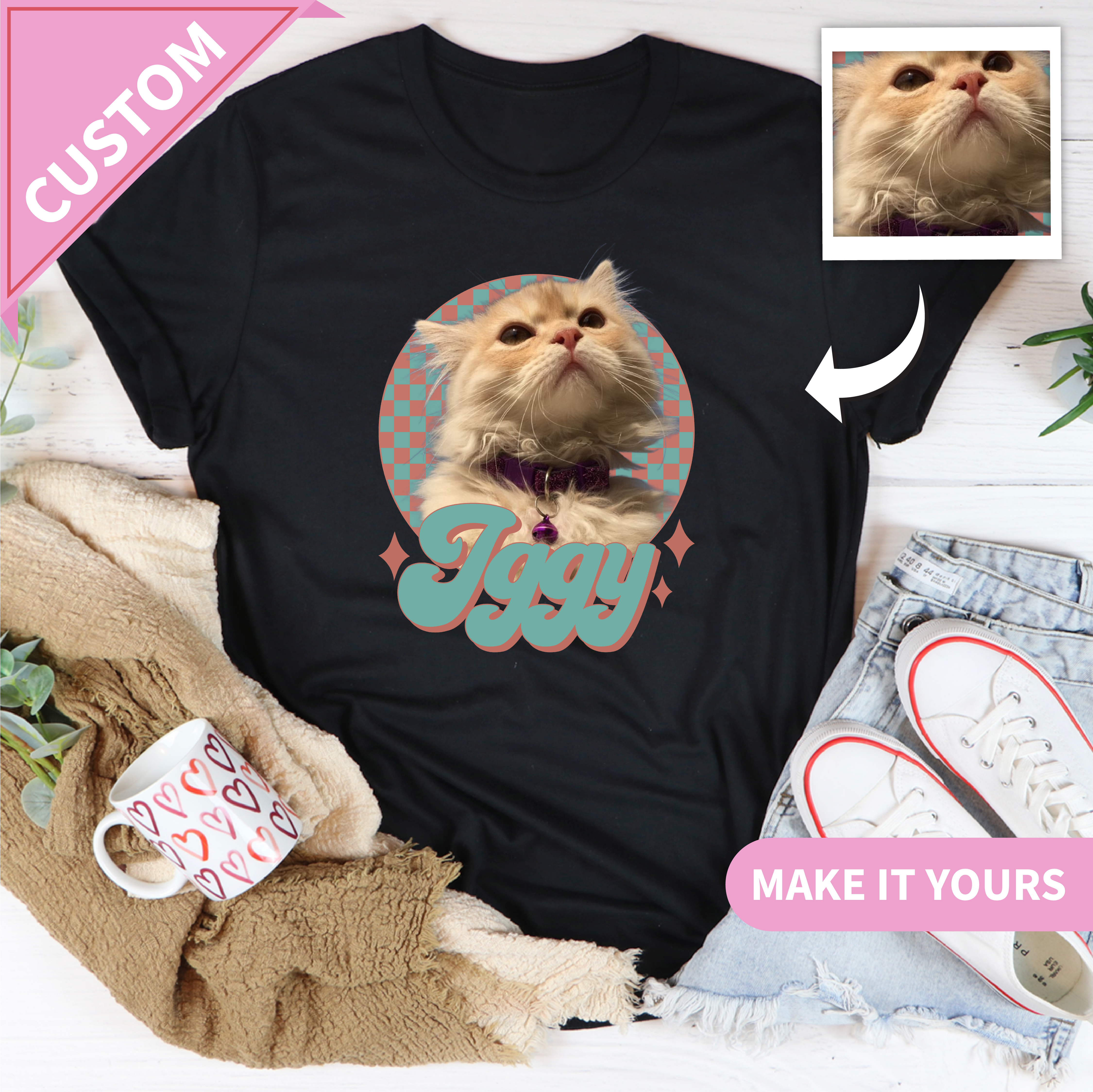 Custom Cat Name Retro Pet Portrait With Photo Tee