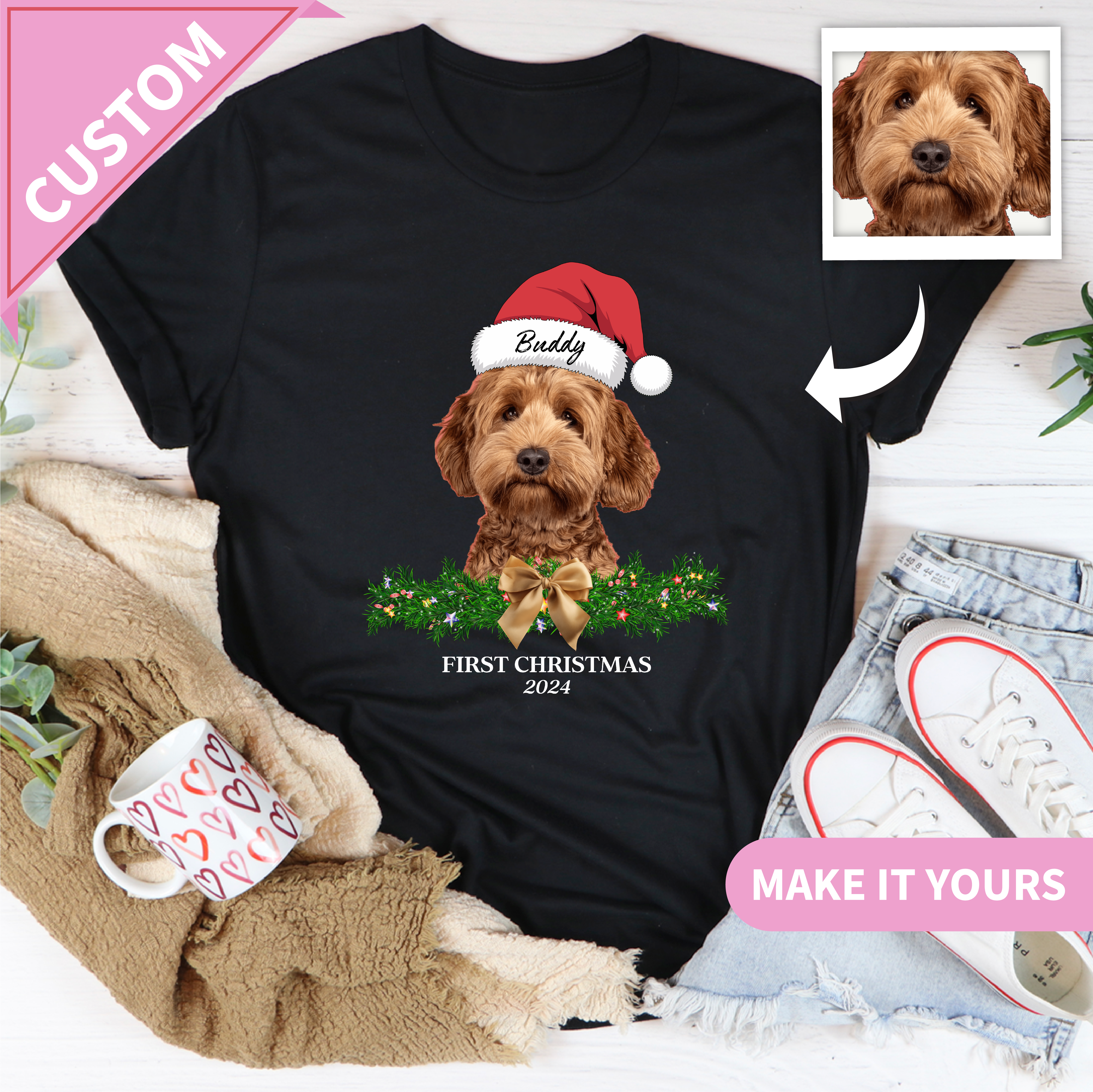 Custom Dog Christmas Pet Name Santa Hat Tee