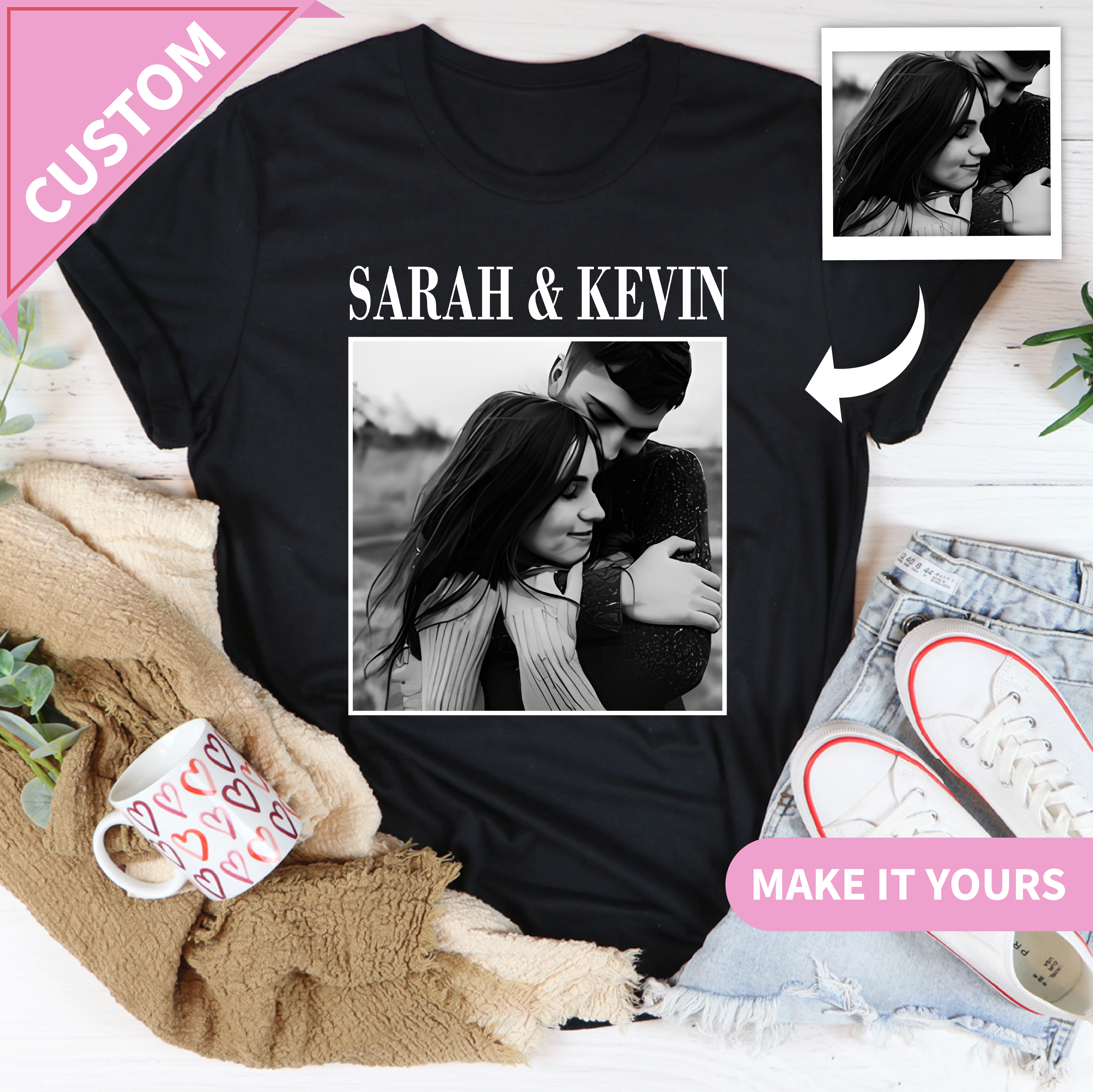 Custom Couple Photo Black & White Portrait With Names Tee