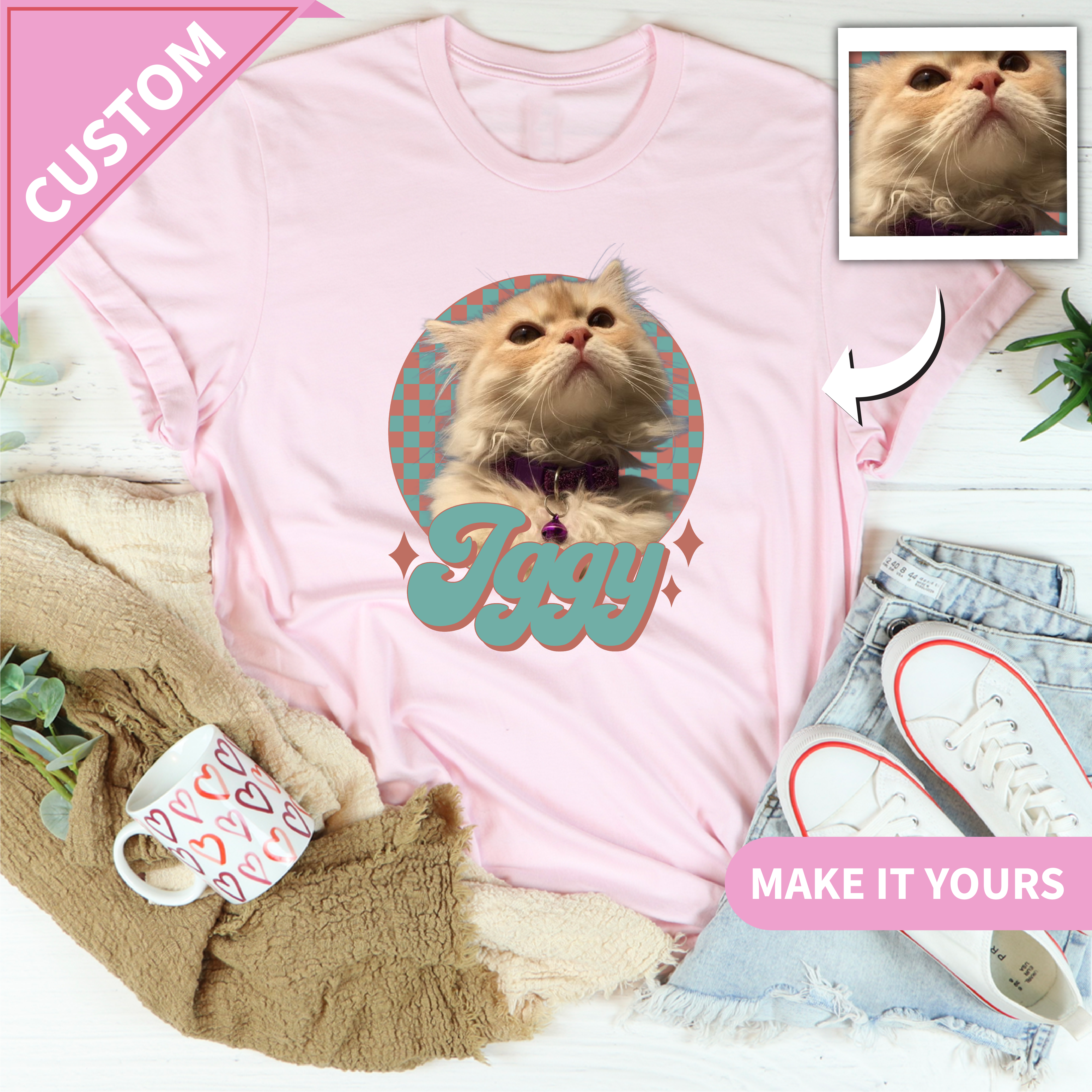 Custom Cat Name Retro Pet Portrait With Photo Tee