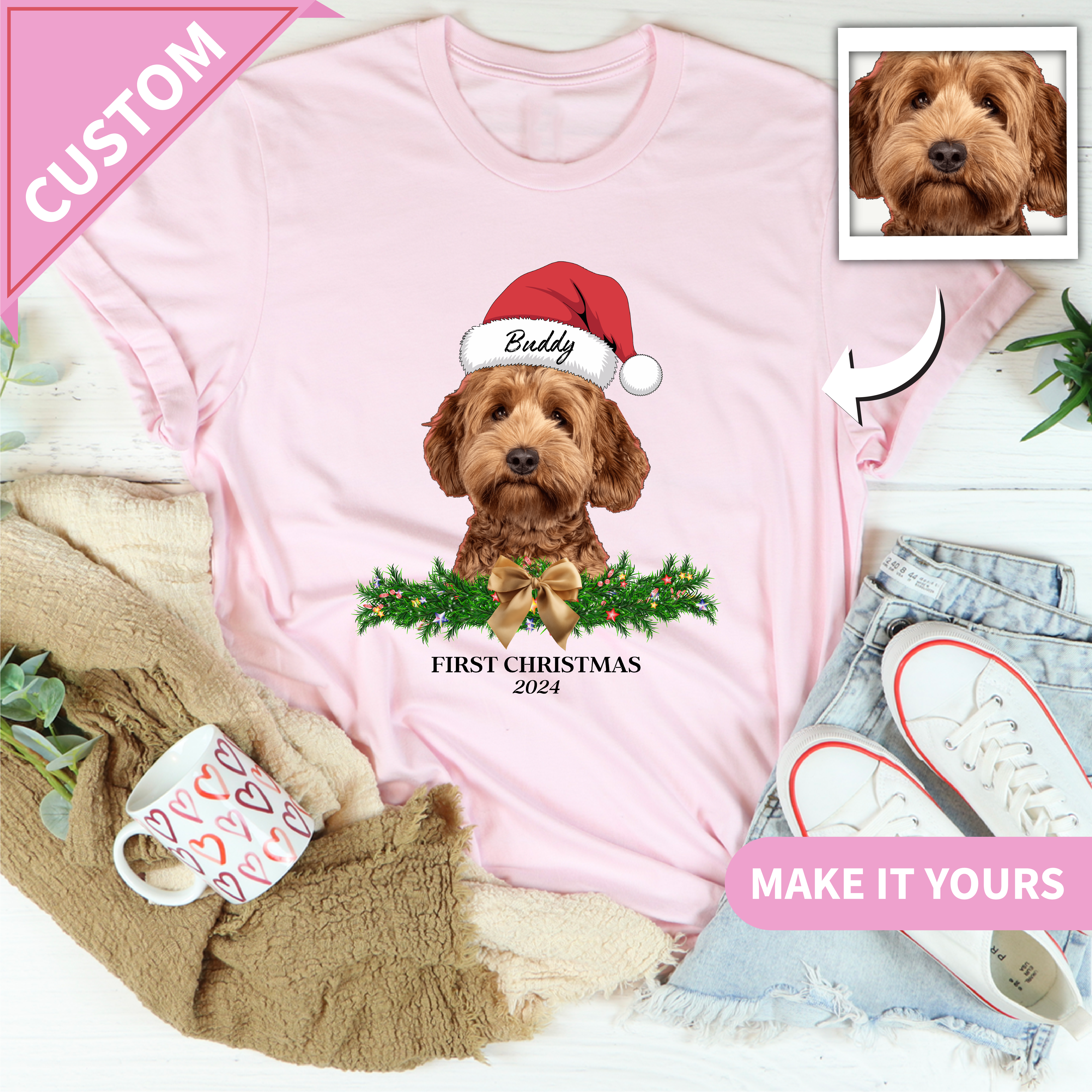 Custom Dog Christmas Pet Name Santa Hat Tee