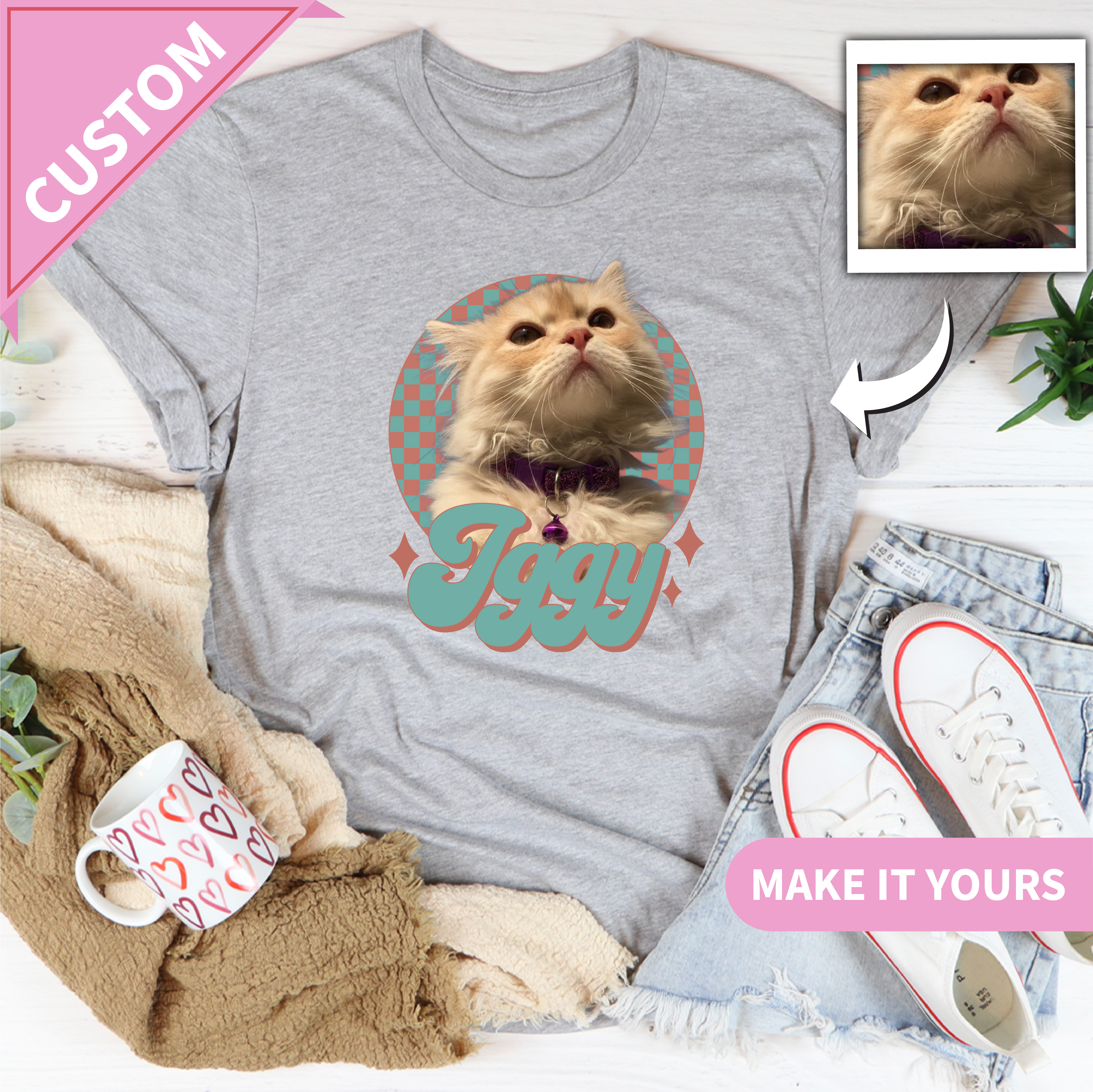 Custom Cat Name Retro Pet Portrait With Photo Tee