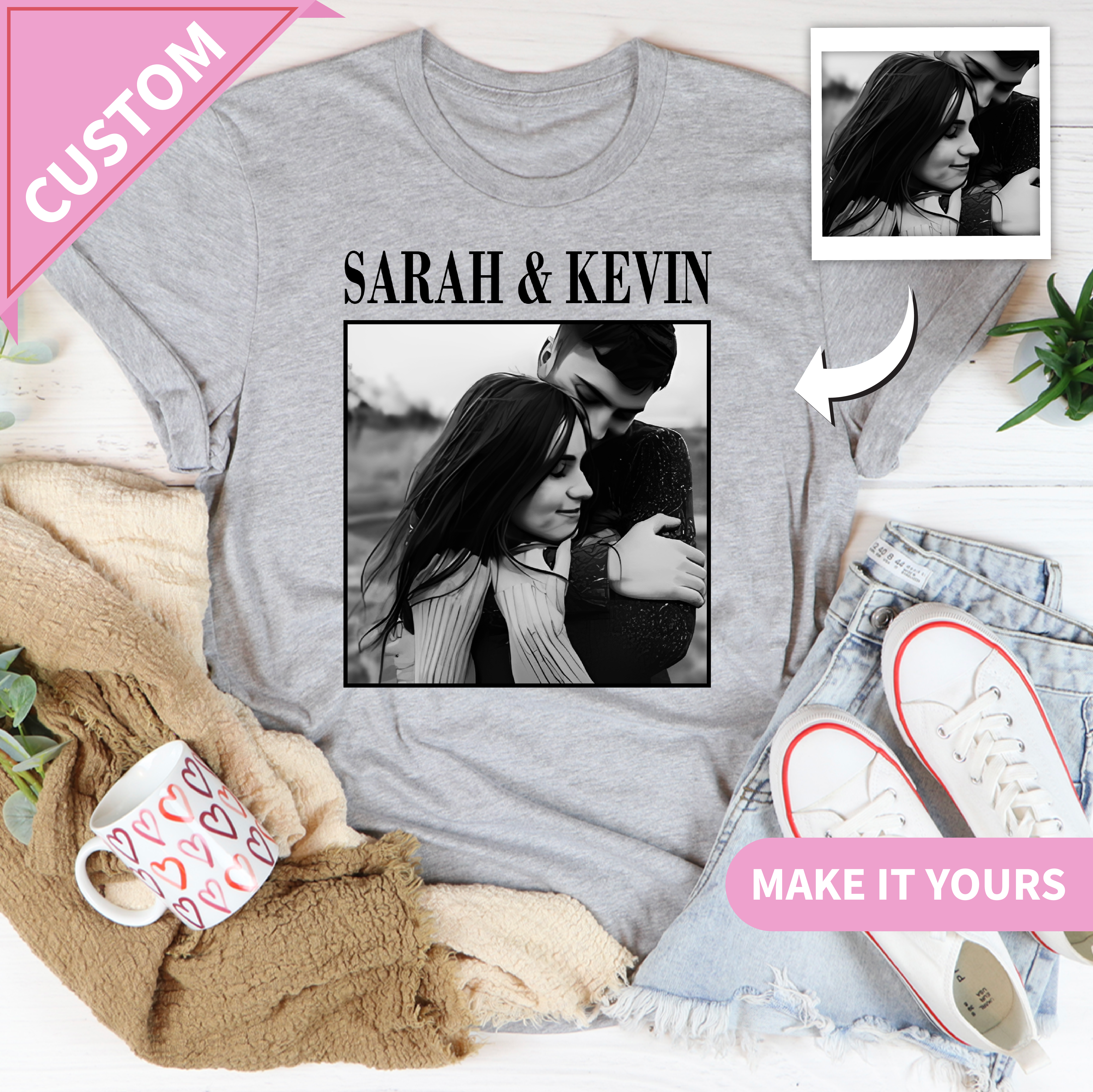 Custom Couple Photo Black & White Portrait With Names Tee