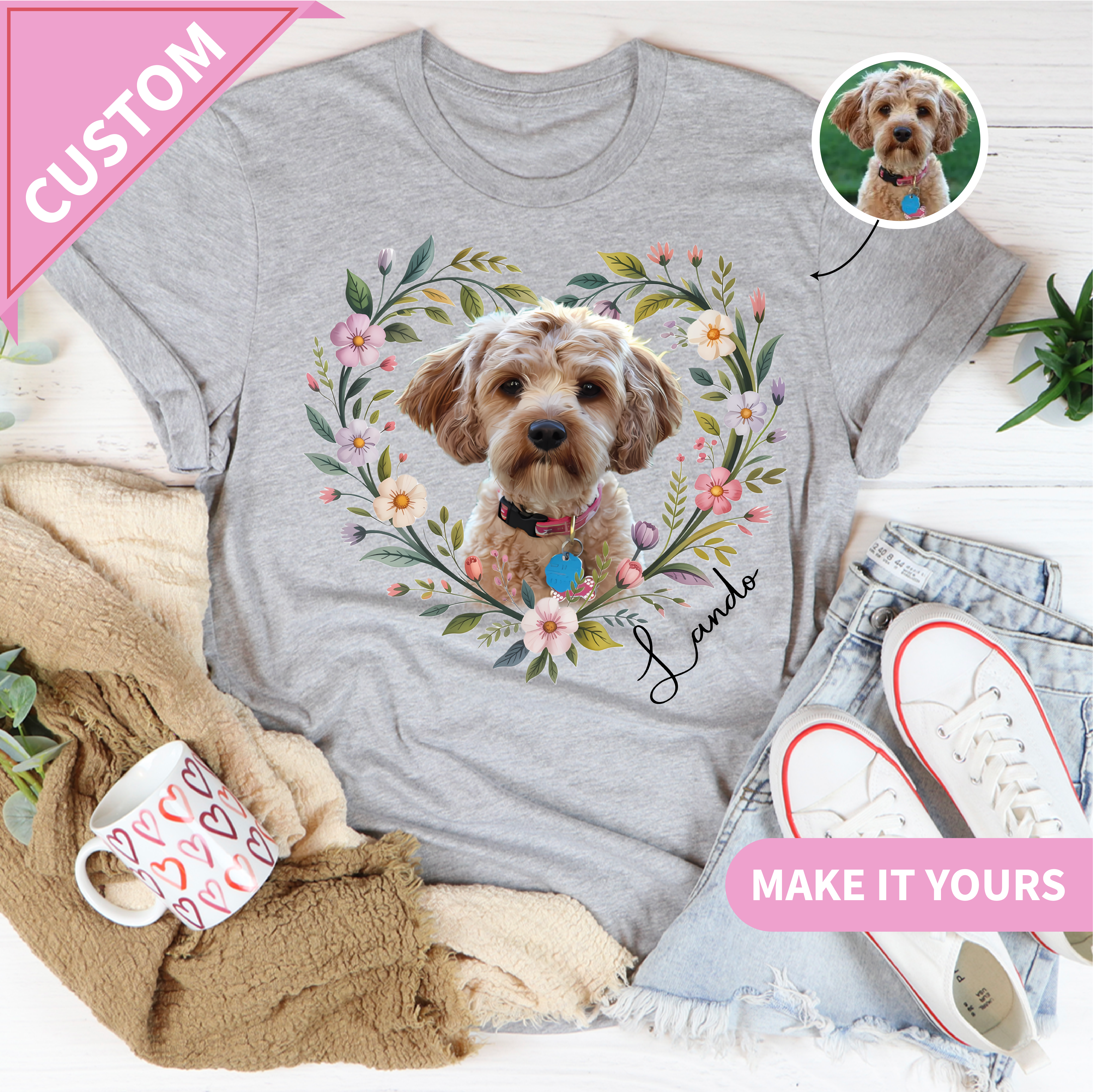 Camiseta personalizada con retrato floral de mascota y cara de perro