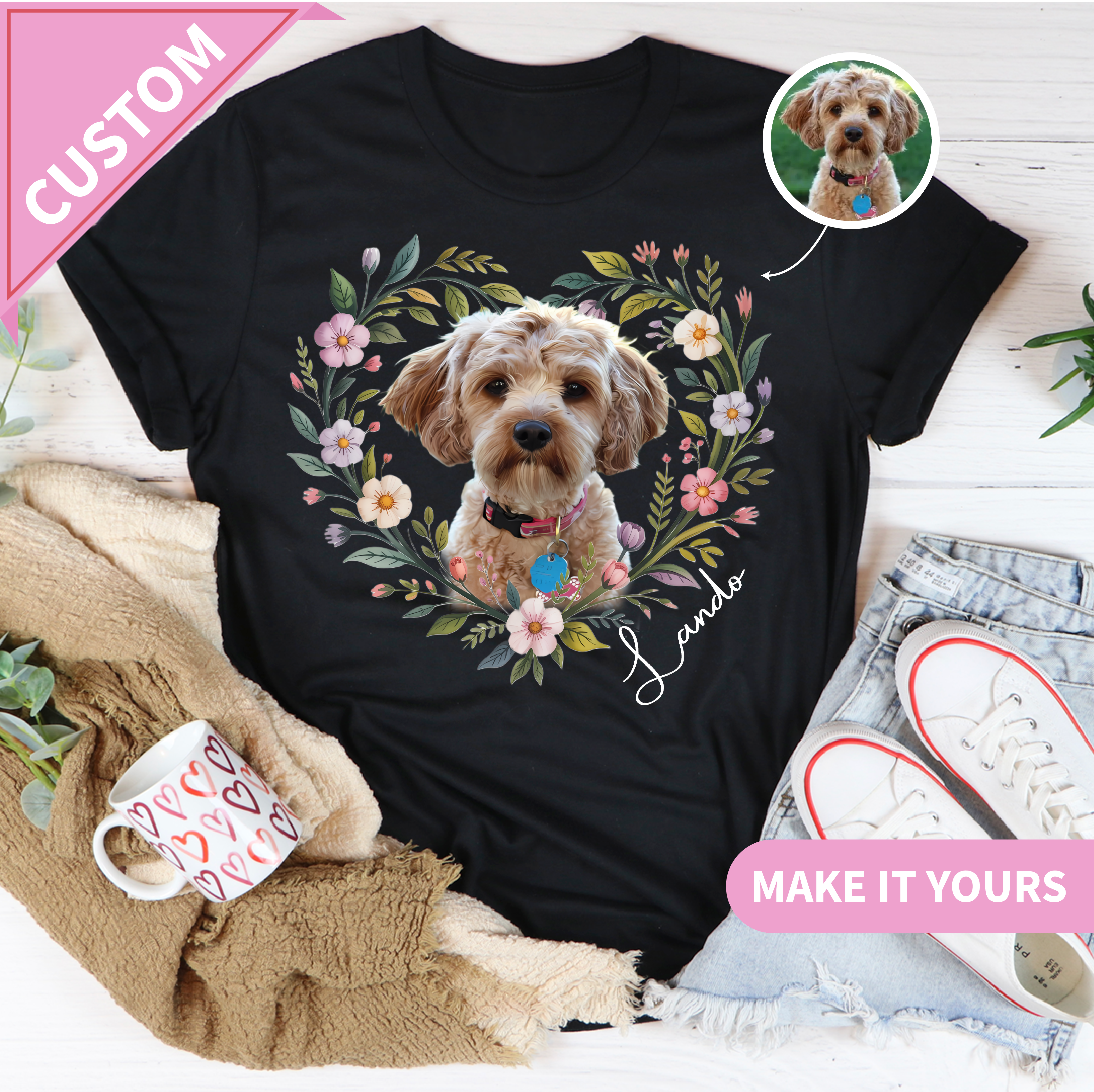 Camiseta personalizada con retrato floral de mascota y cara de perro