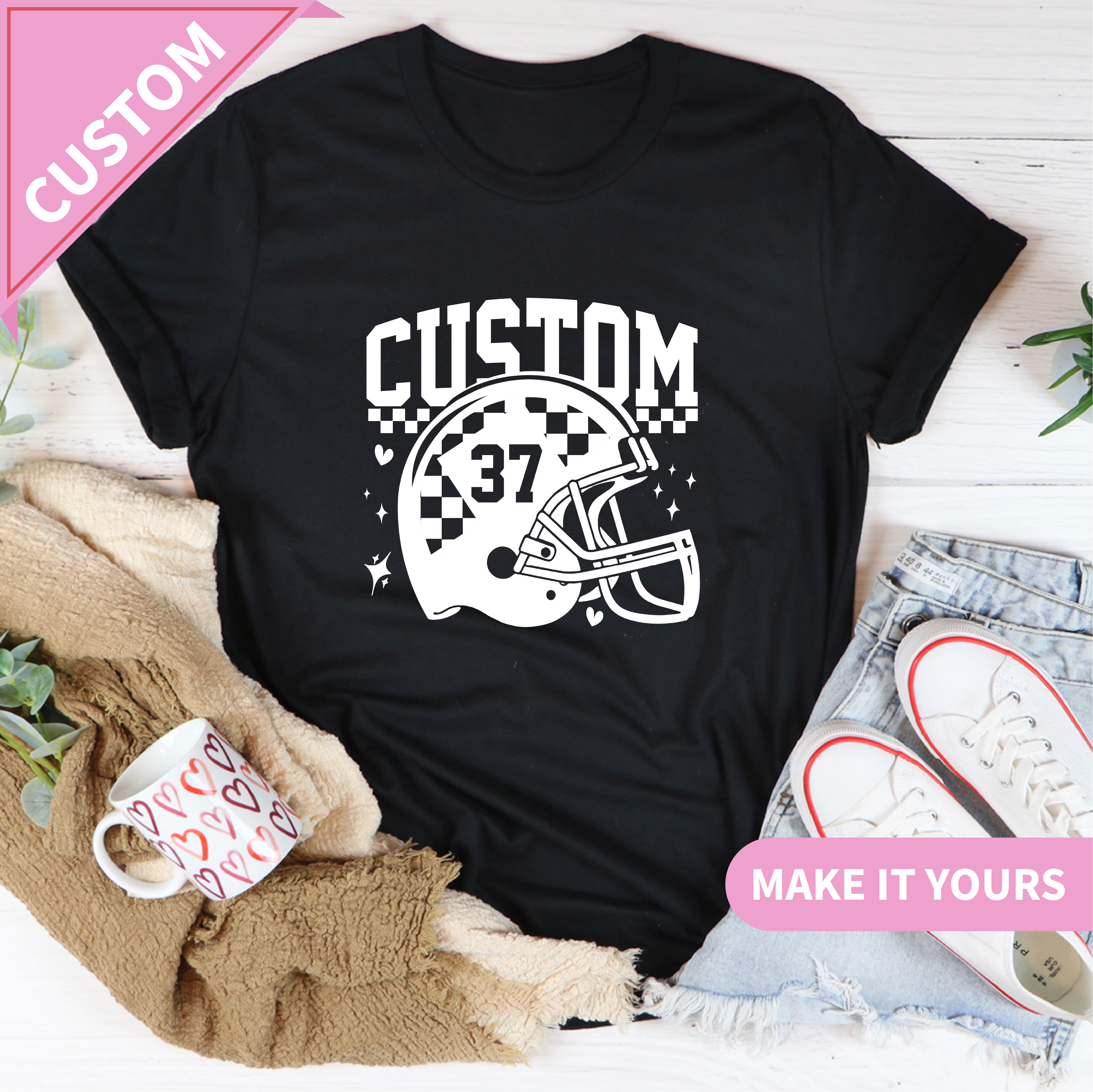 Custom Football Team Name & Retro Checker Design Tee