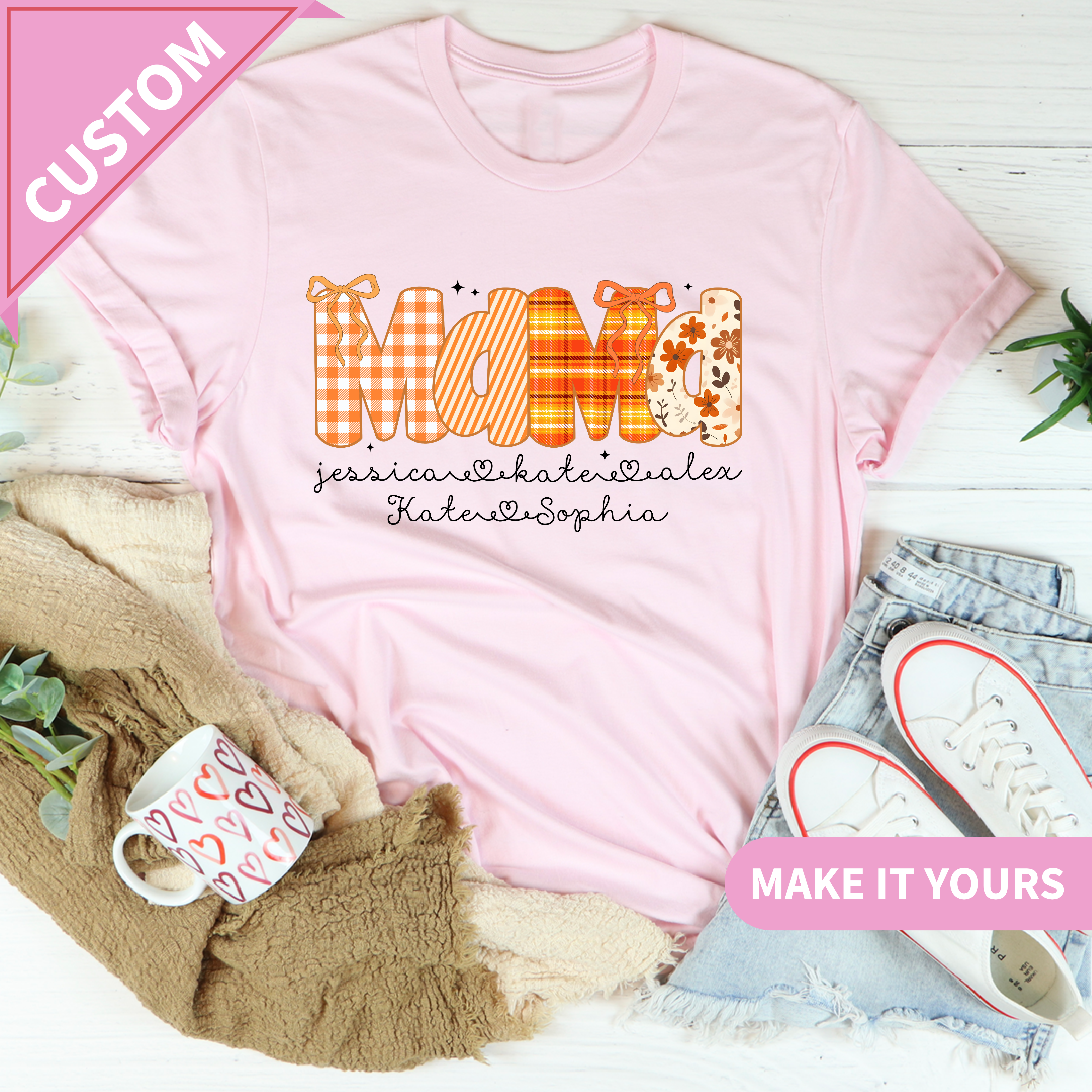 Custom Includes Strong keywords Custom Fall Mama Kids Names Tee