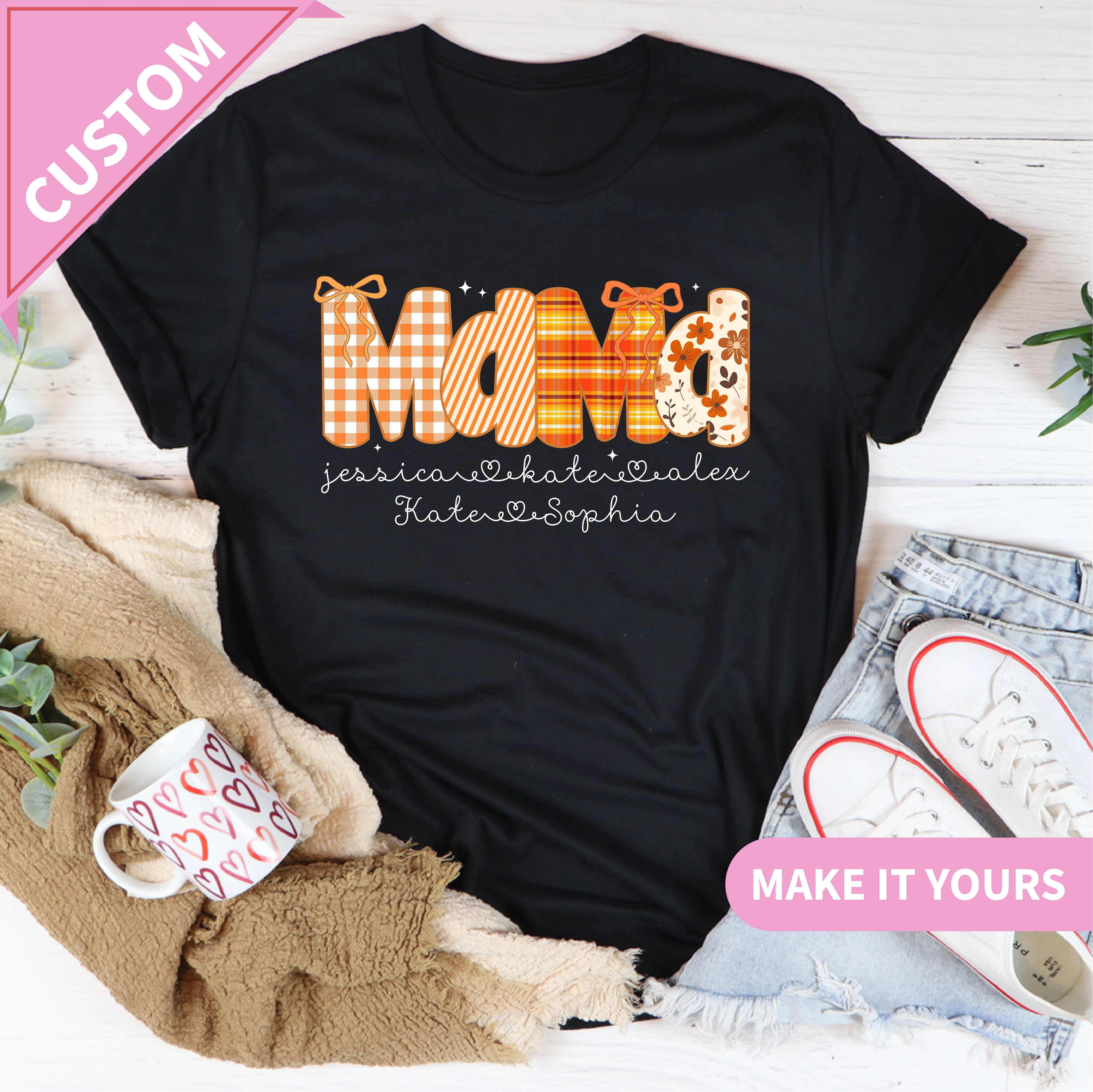 Custom Includes Strong keywords Custom Fall Mama Kids Names Tee