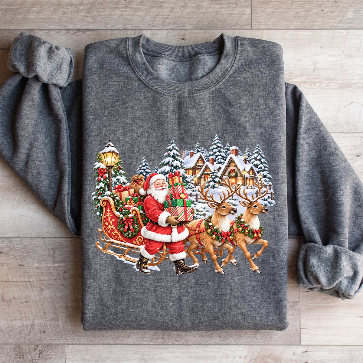 Vintage-Sweatshirt mit Weihnachtsmann und Rentieren