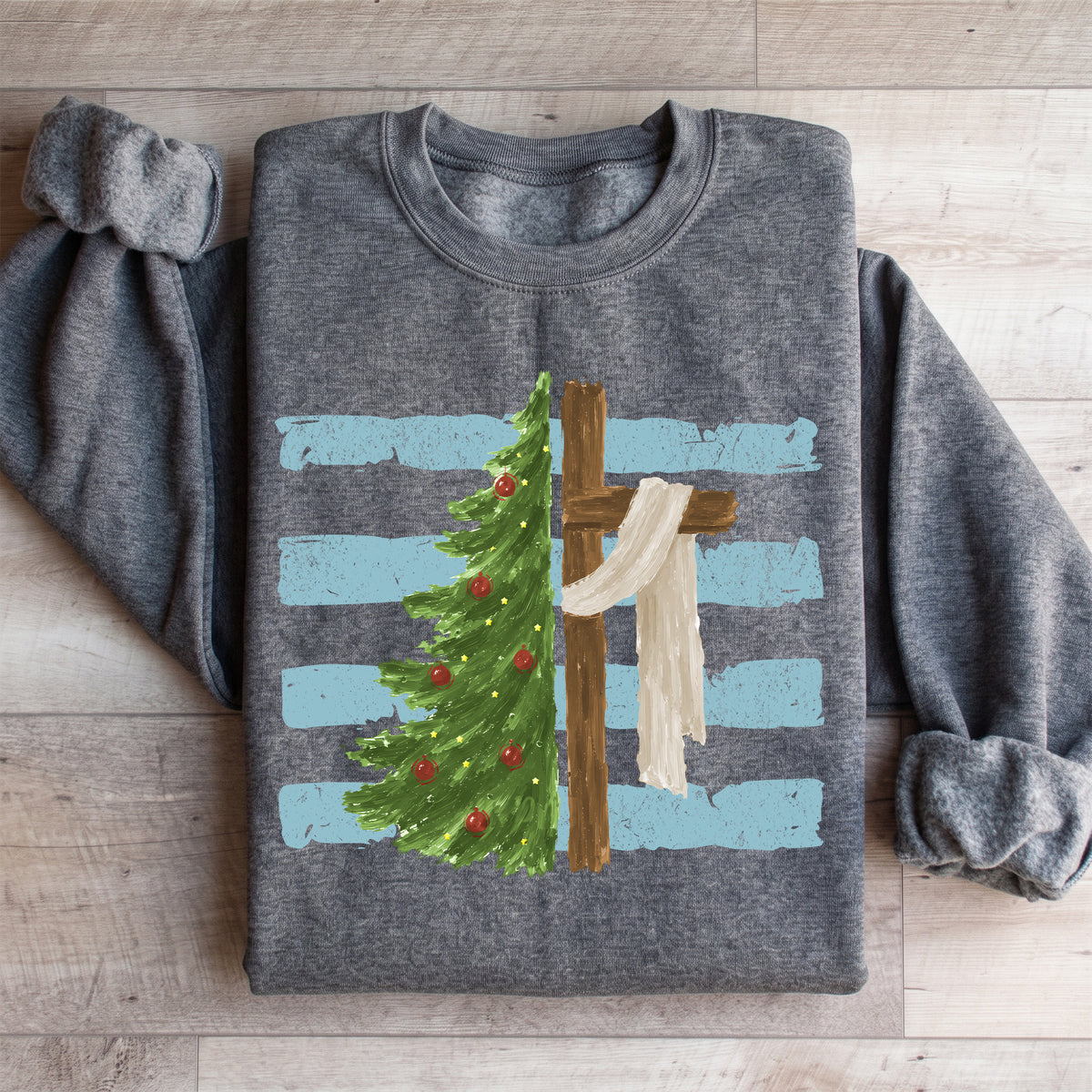 Festlicher Crewneck-Pullover für den christlichen Glauben – \"Weihnachtsbaum-Kreuz\"