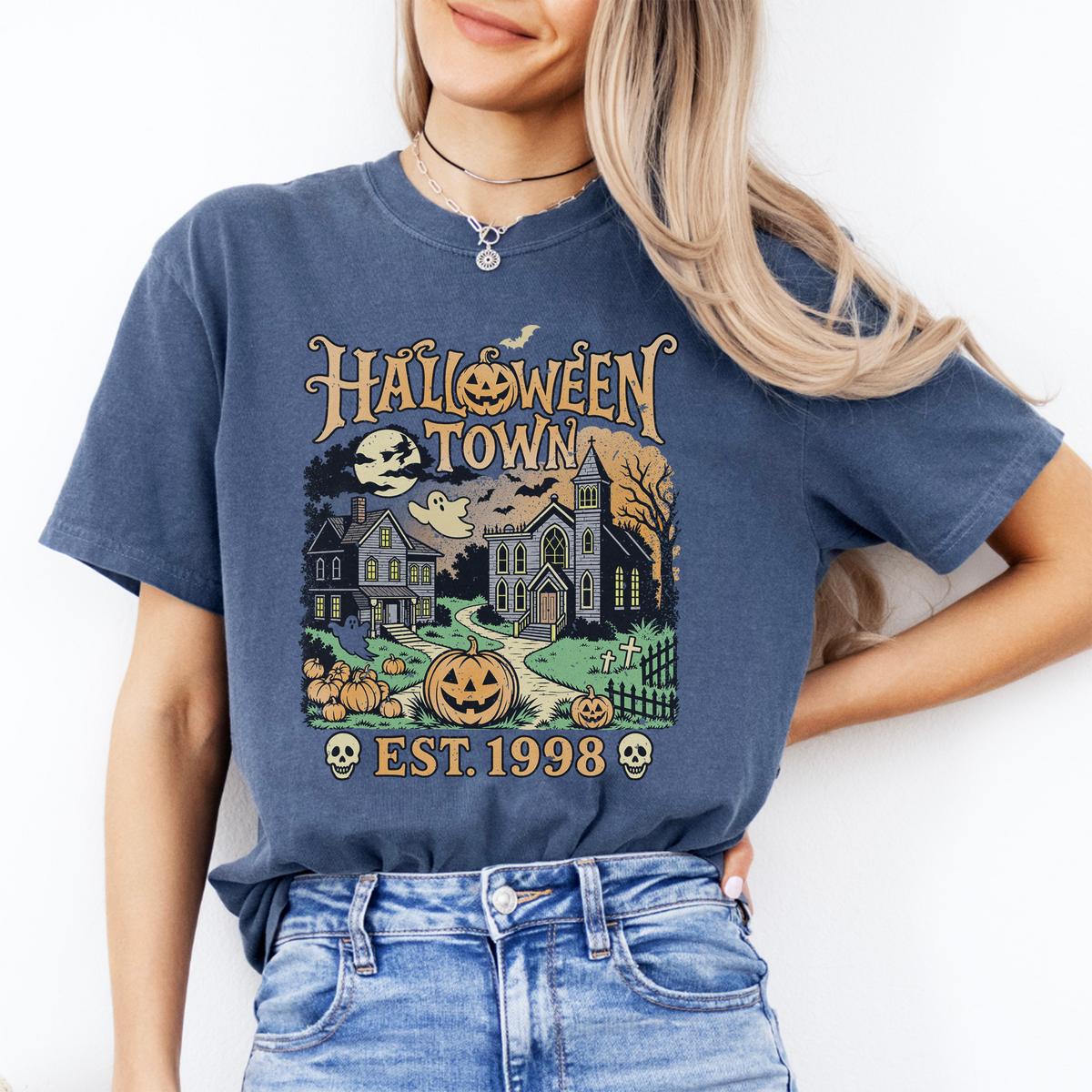 Halloweentown Est 1998 Spooky Season Graphic Casual Shirt - Denim Blue Fall Top