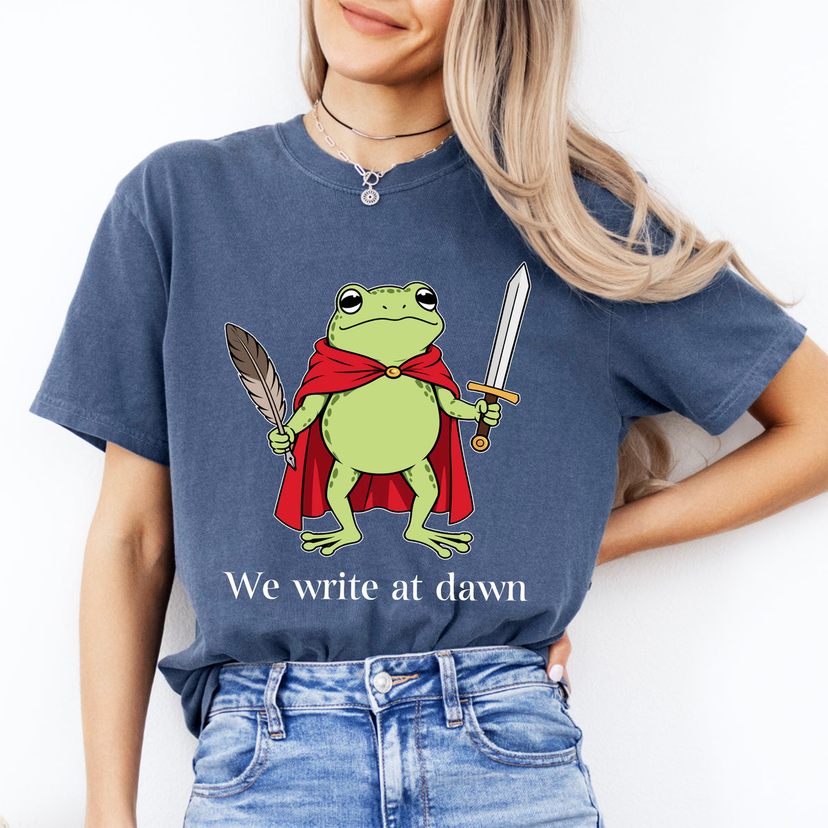 "We Write at Dawn" Author Warrior Frog Writer Graphic Tee