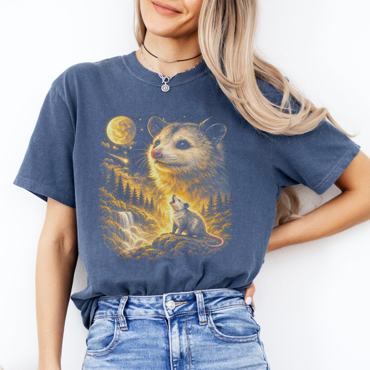 Possum Howling To The Moon Graphic Top in denim with majestic opossum howling at moon