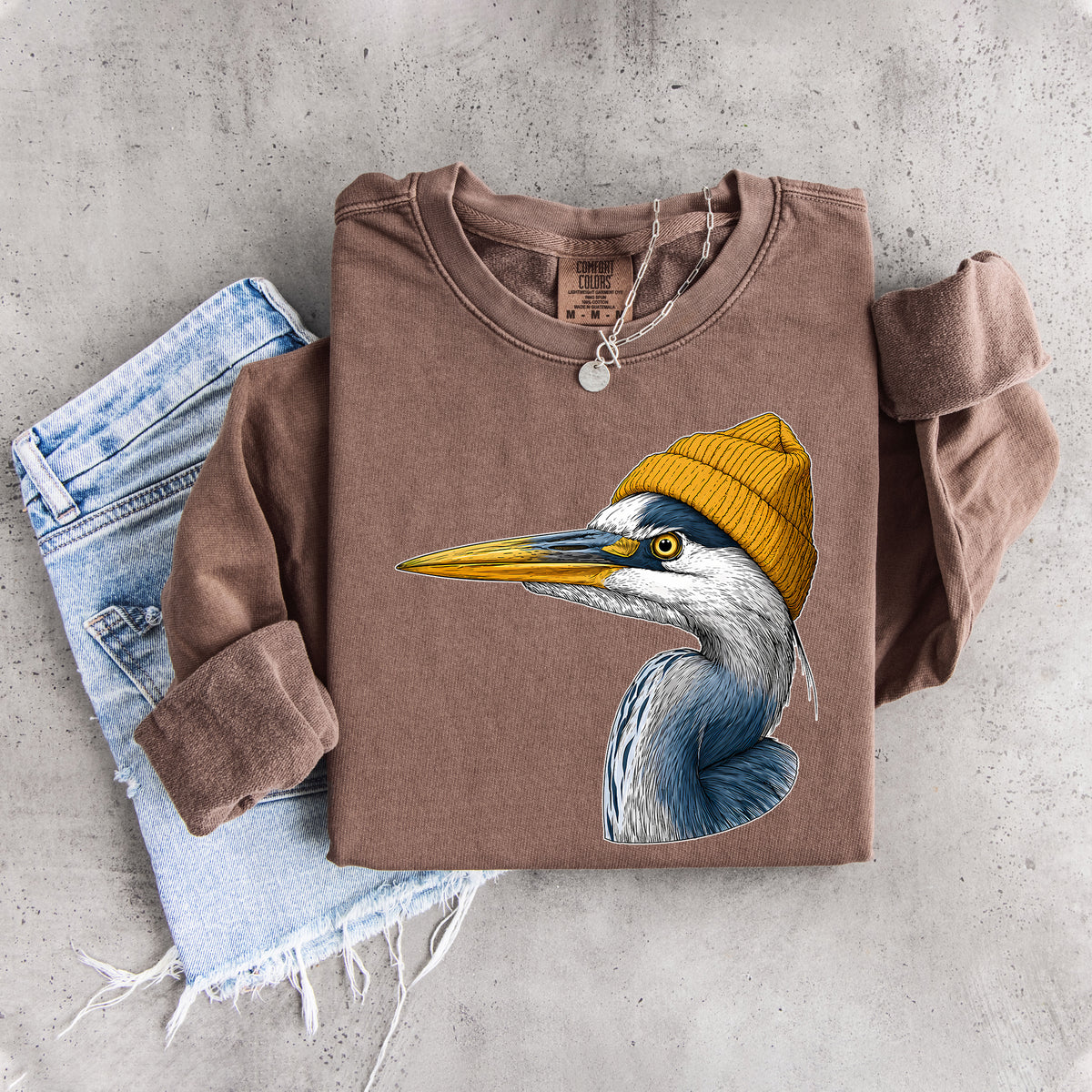 Sweatshirt mit Wildtiermotiv: Kanadareiher mit Mütze