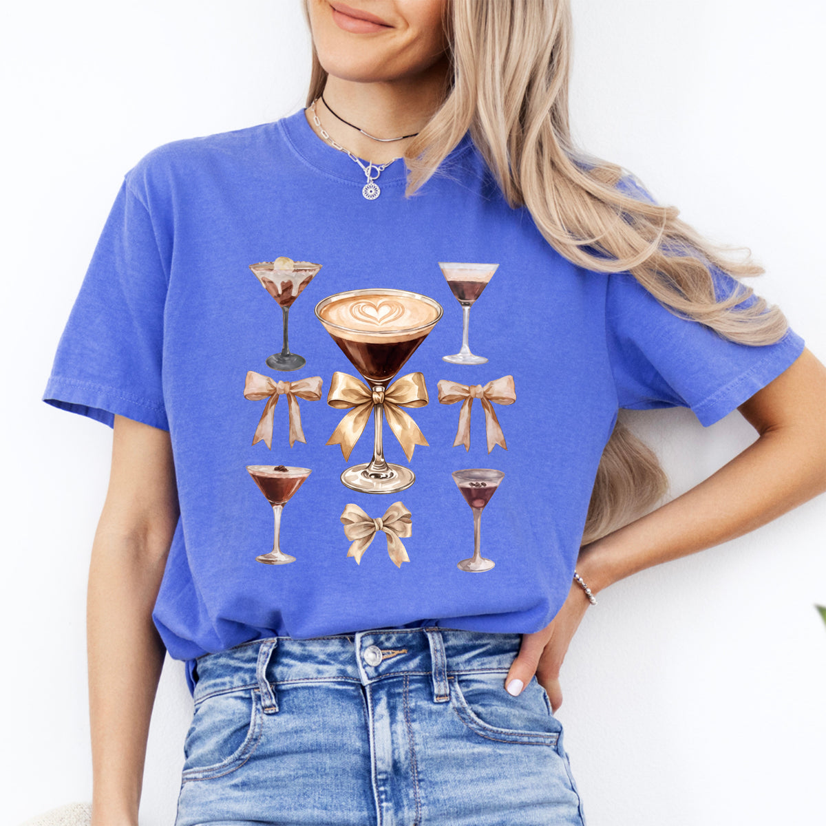 Espresso Martini Coquette Bows Graphic Top – Trendy Cocktail Casual Shirt