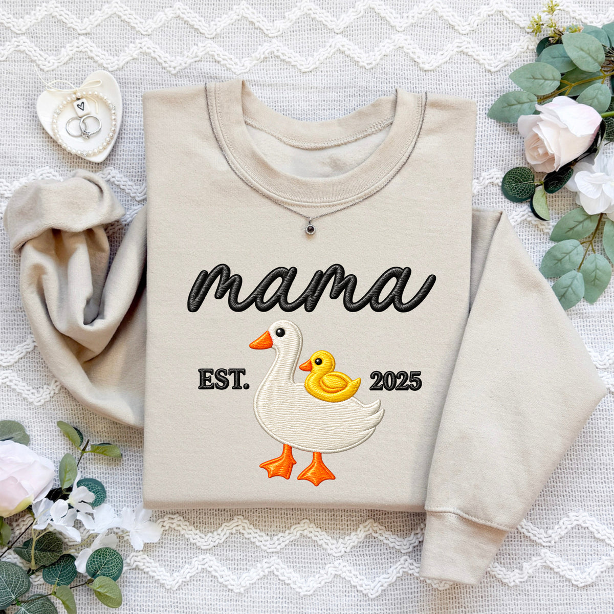 Personalized Mama Goose embroidered baby gosling sweater in sand